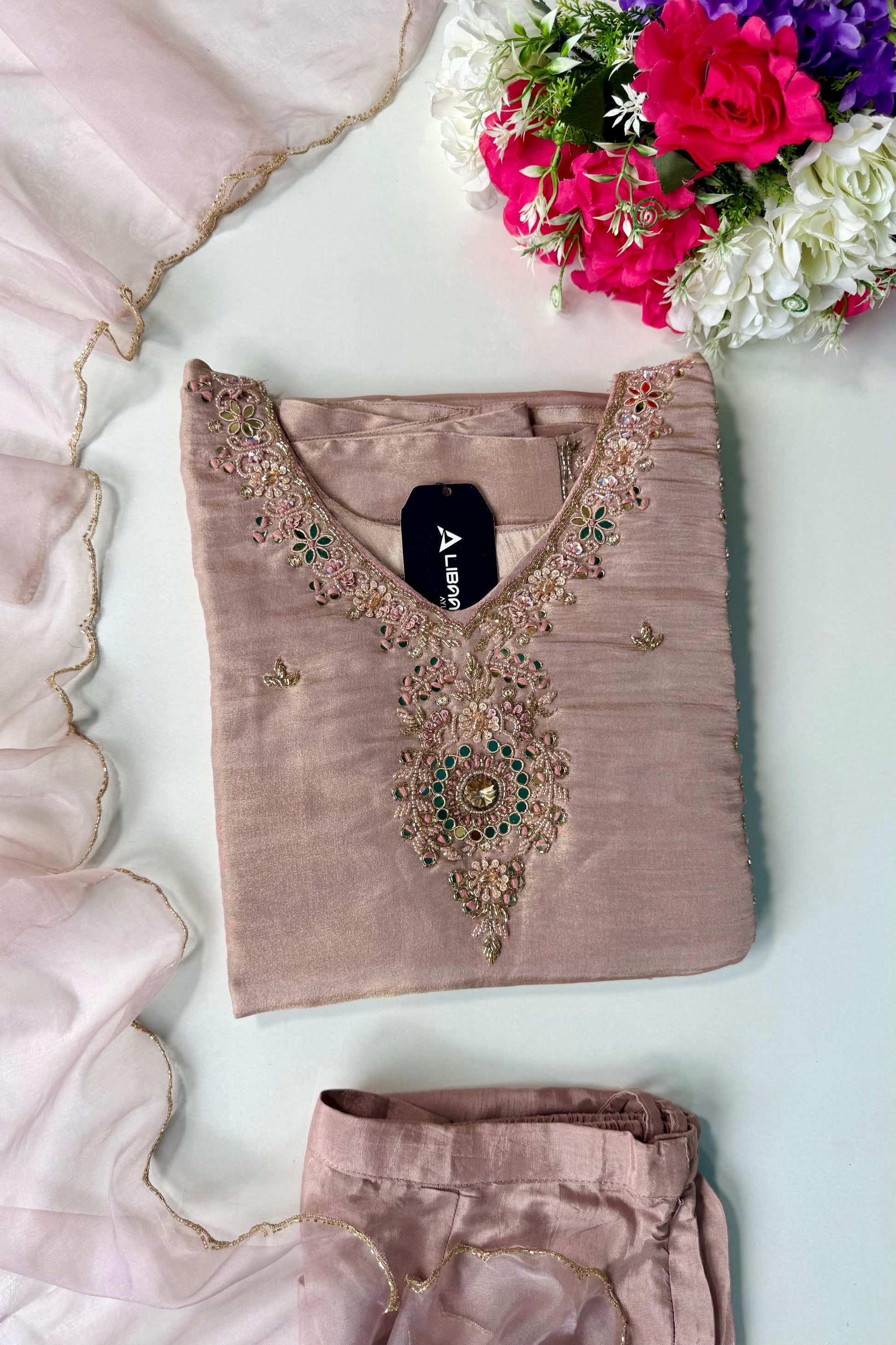 ✨Pearl – Premium Blush Mirror Work Tissue A Line Kurta Set