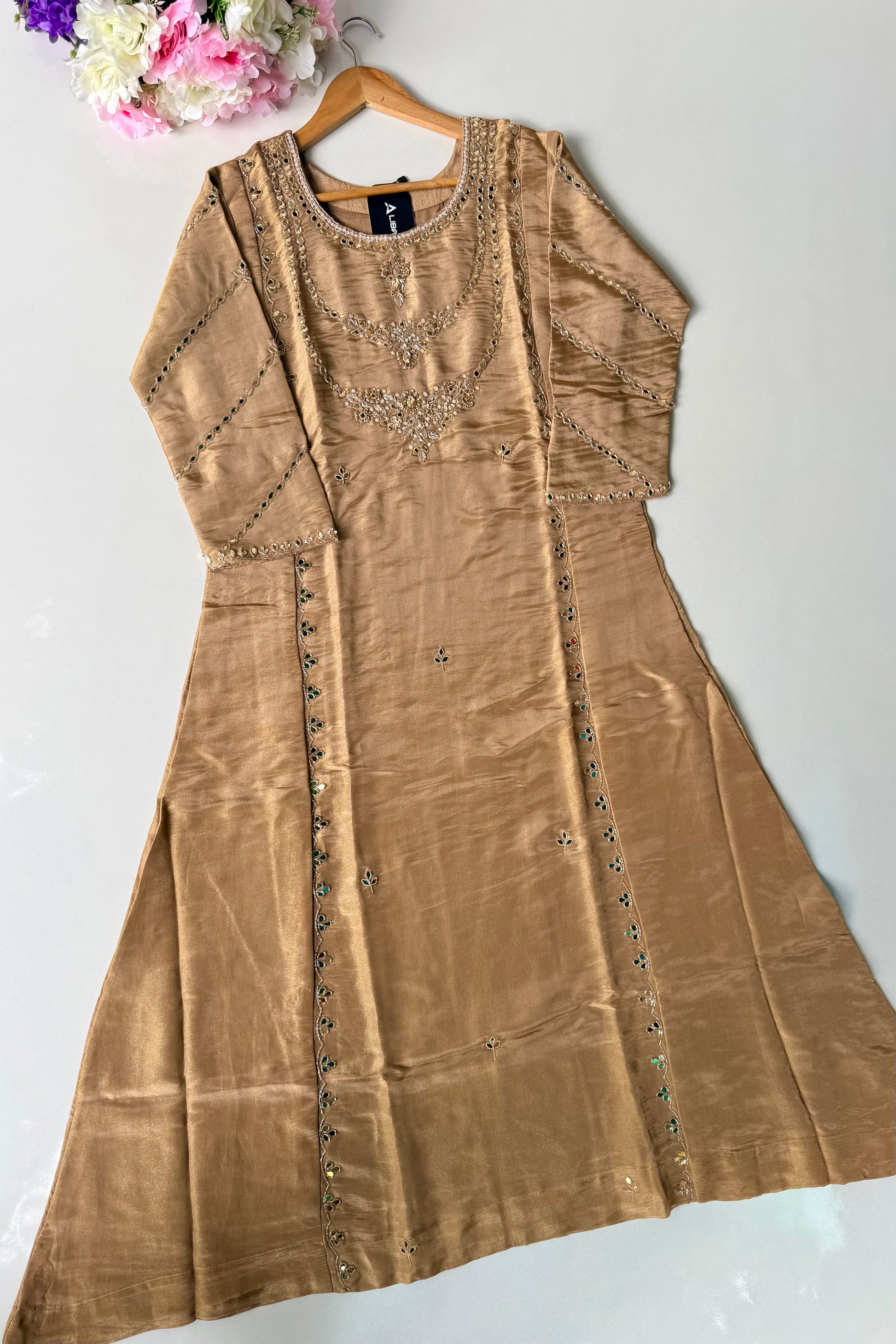 ✨Pearl – Premium Gold Beige  Mirror Work Tissue A Line Kurta Set