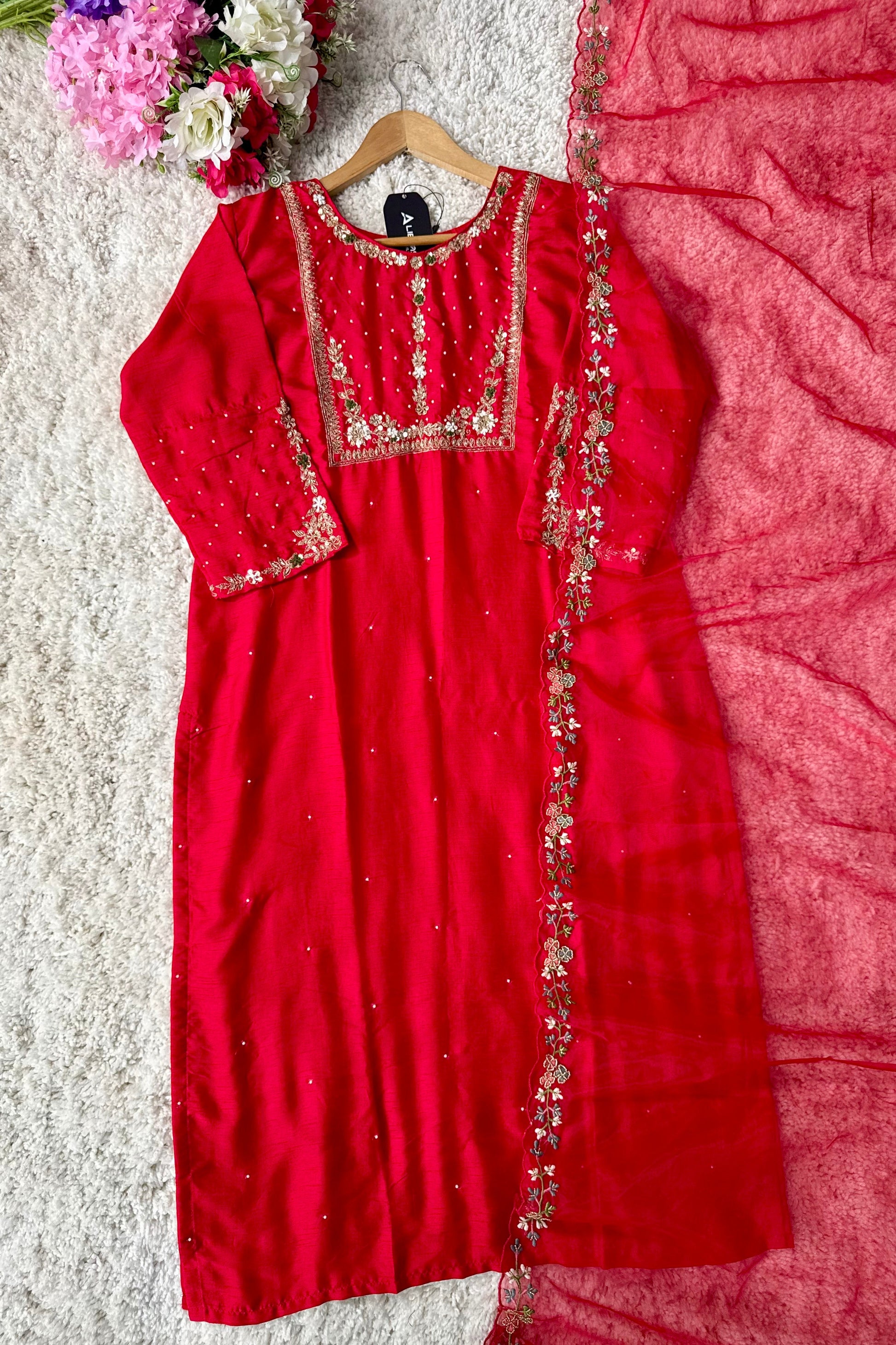 “ALKA” A very beautiful Red piece with zardozi & zari handwork set