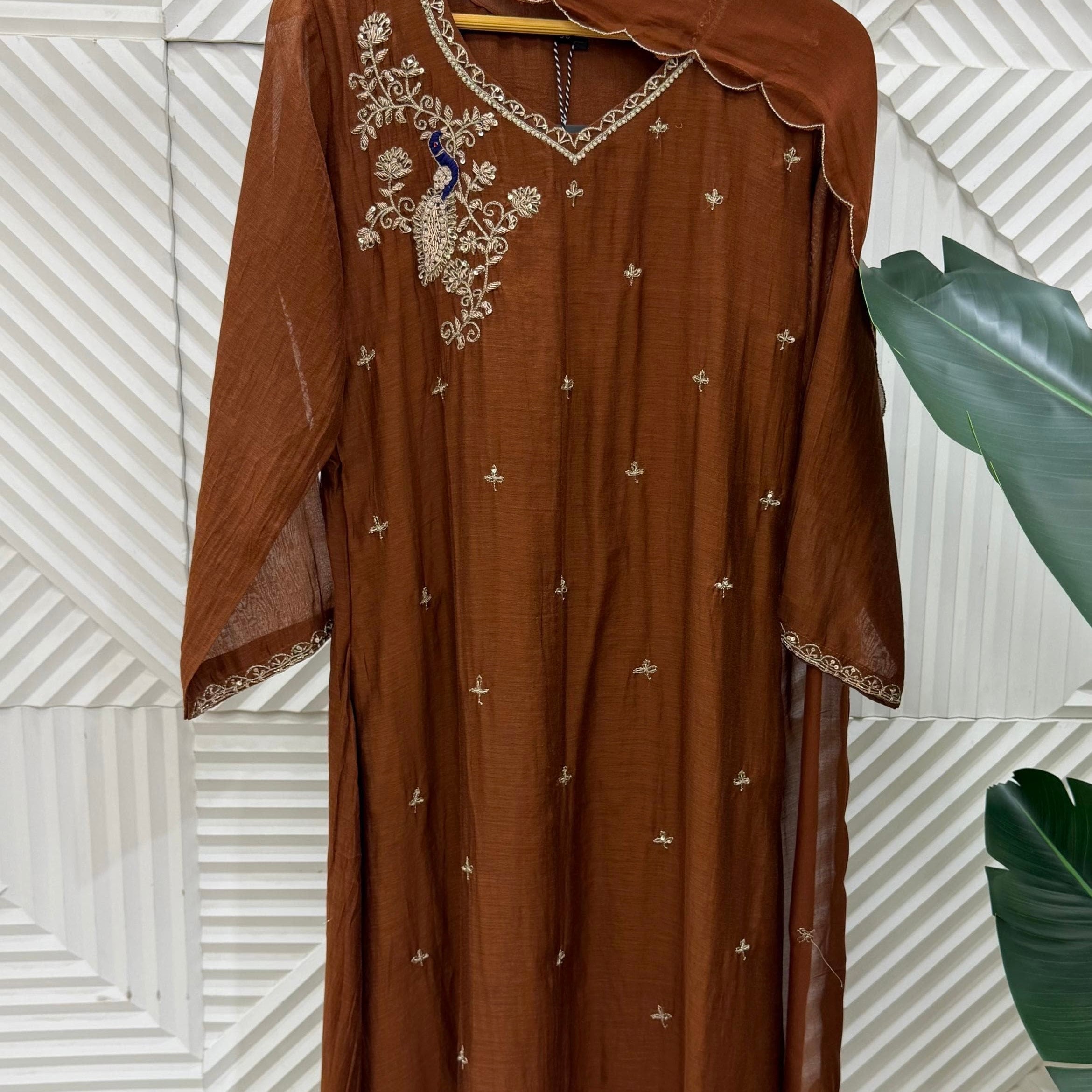 ✨Nora - Premium Chocolate Brown Mul Chanderi A Line Kurta Set ✨