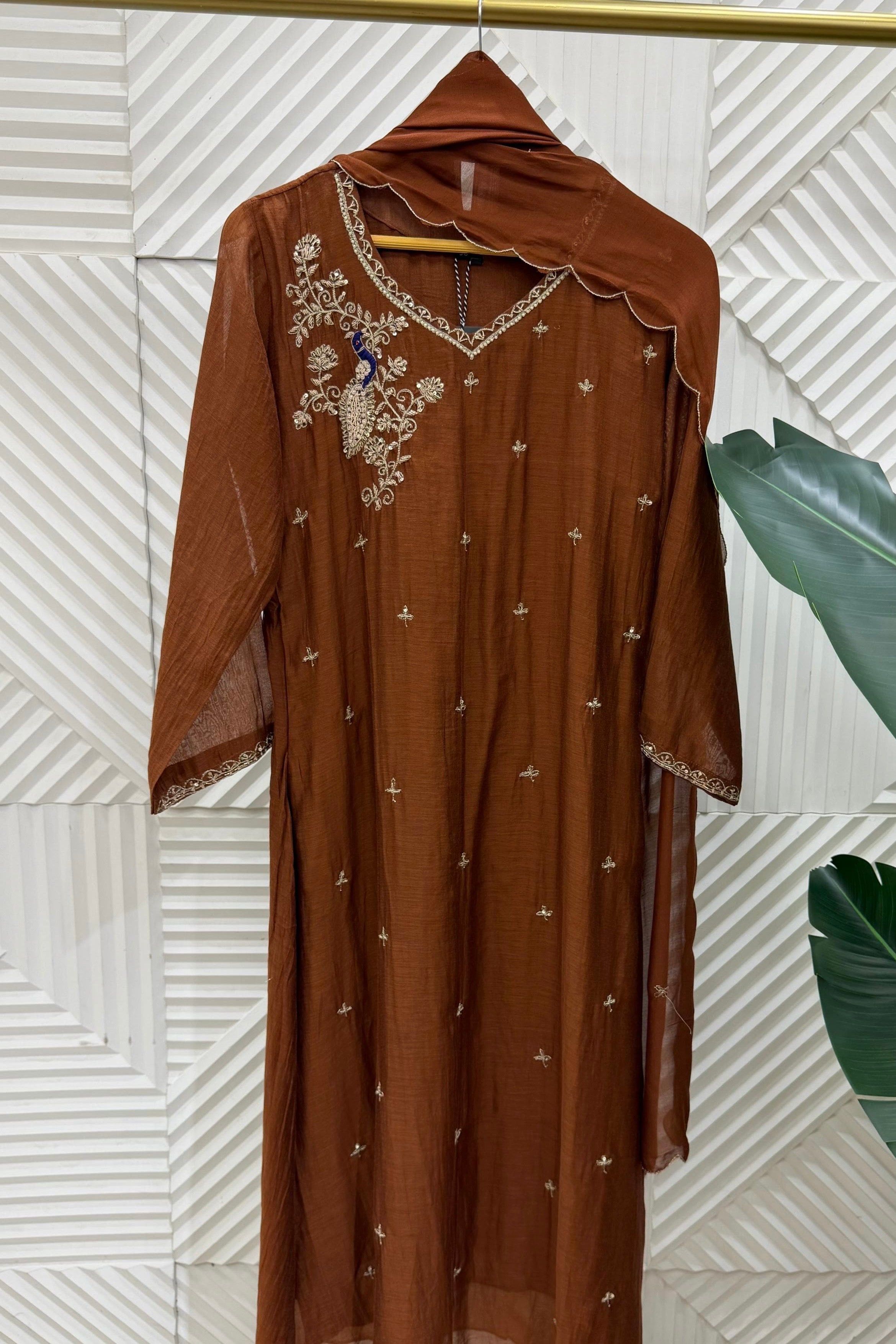 ✨Nora - Premium Chocolate Brown Mul Chanderi A Line Kurta Set ✨