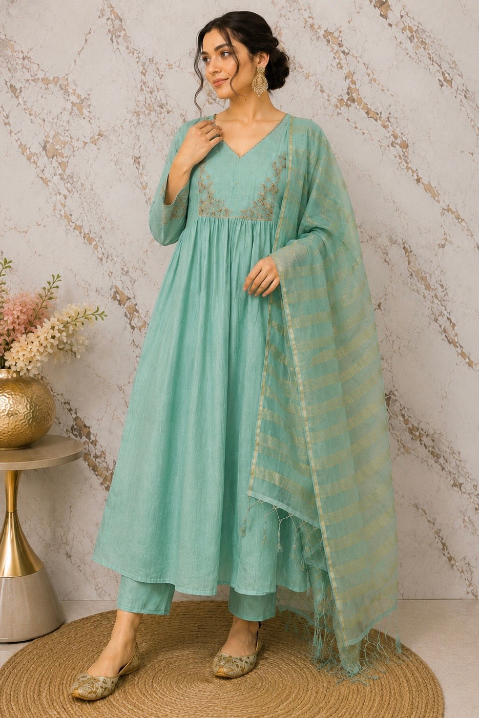 ✨ Gulnoor – Mul Chanderi A-Line Kurta Set with Dupatta