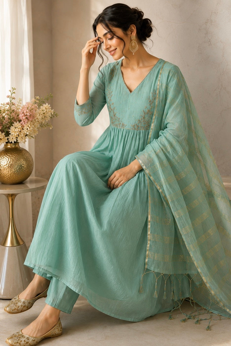 ✨ Gulnoor – Mul Chanderi A-Line Kurta Set with Dupatta