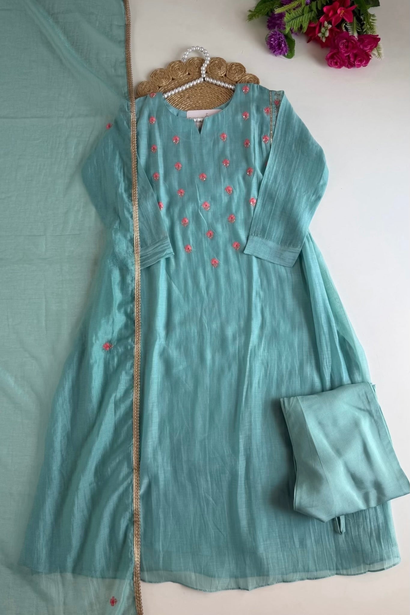 🛍️”Delilah – Premium Aqua Green Mul Chanderi A Line Kurta Set