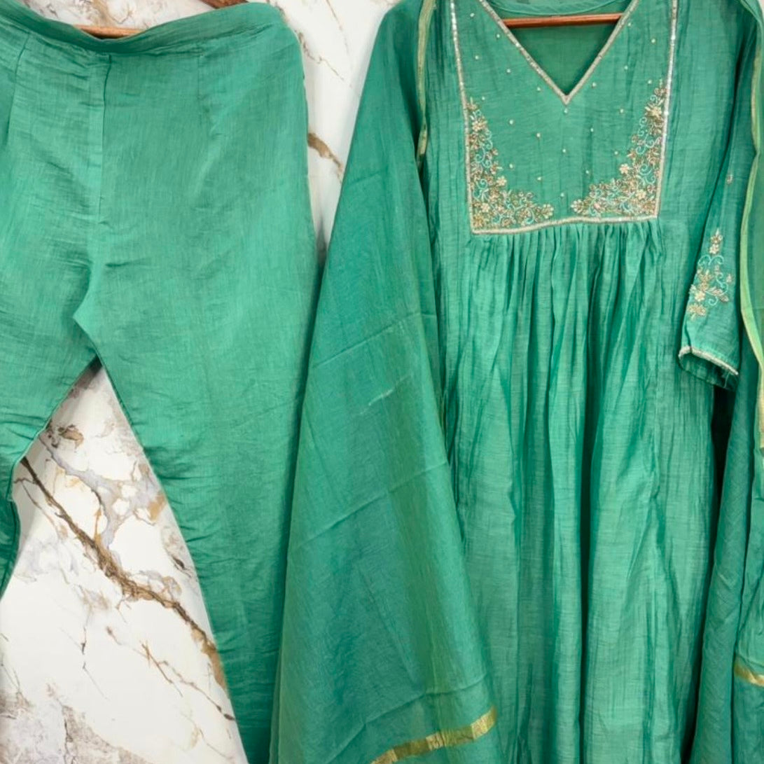 ✨ Gulnoor – Emerald Green Mul Chanderi A-Line Kurta Set with Dupatta