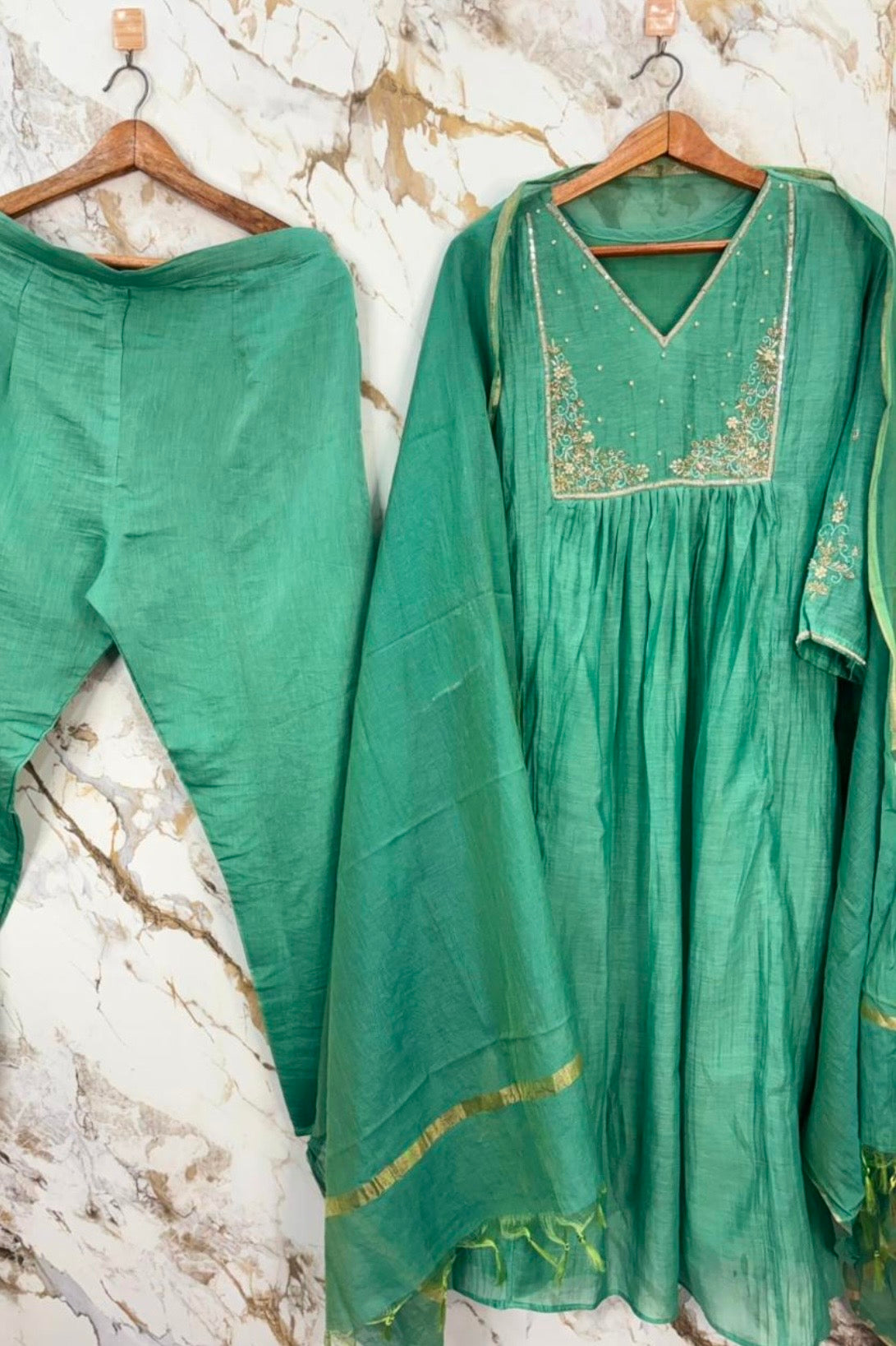 ✨ Gulnoor – Emerald Green Mul Chanderi A-Line Kurta Set with Dupatta