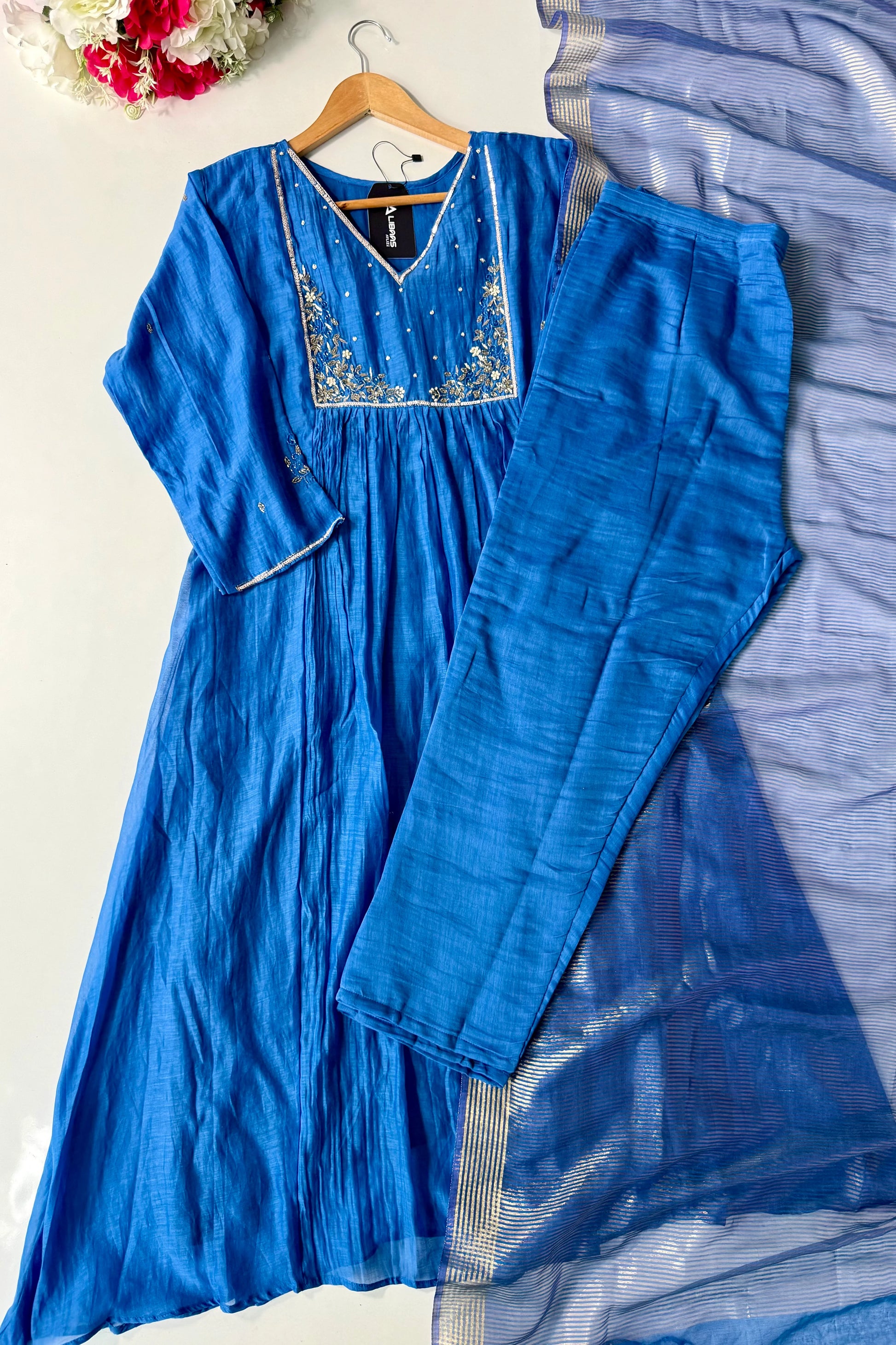 ✨ Gulnoor – Royal Blue Mul Chanderi A-Line Kurta Set with Dupatta