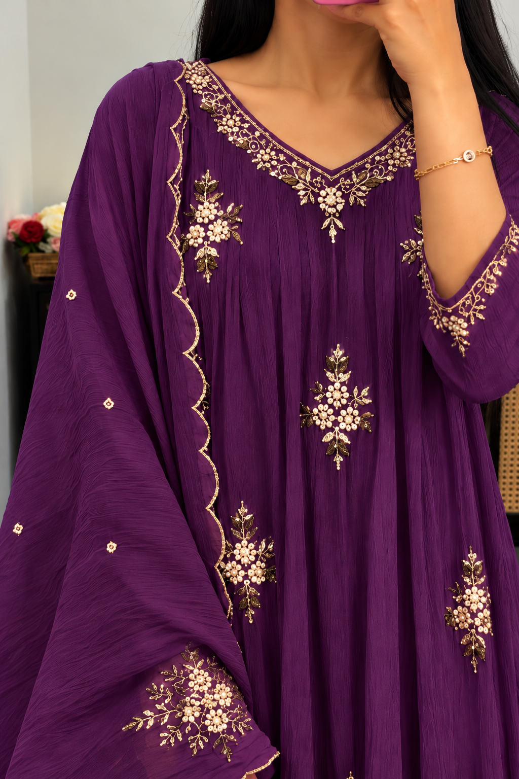 🍊Zidan- Premium Purple Mul Chanderi A Line Suit set