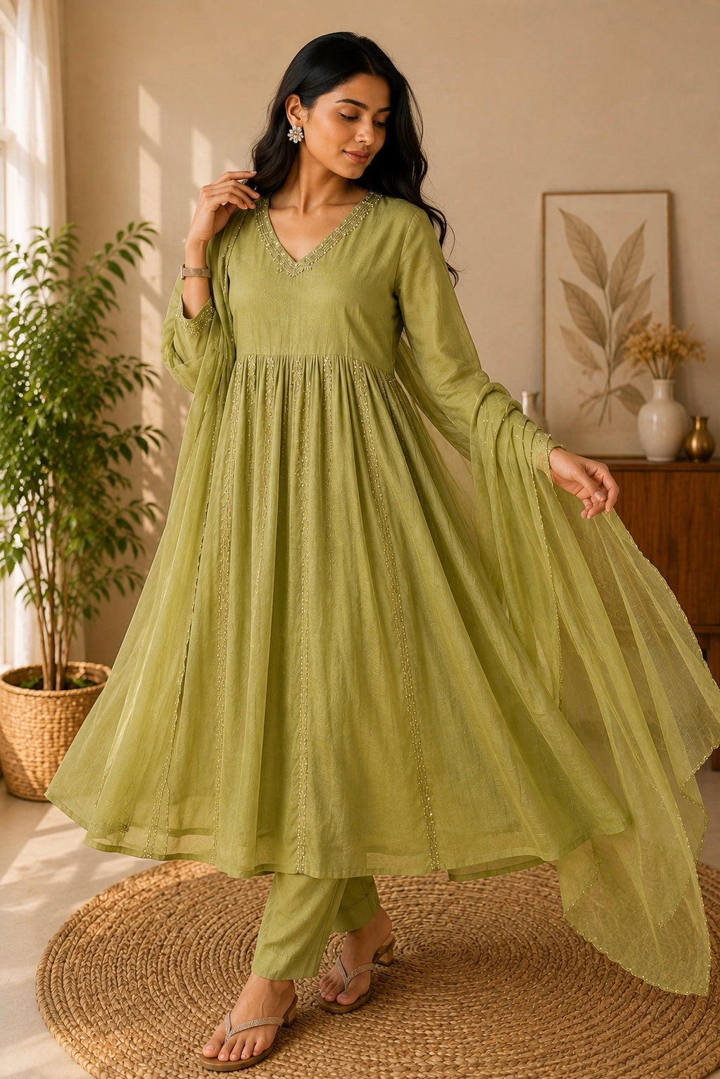 ✨Florence - Olive Pistachio Mul Chanderi Anarkali Suit set 🛍️