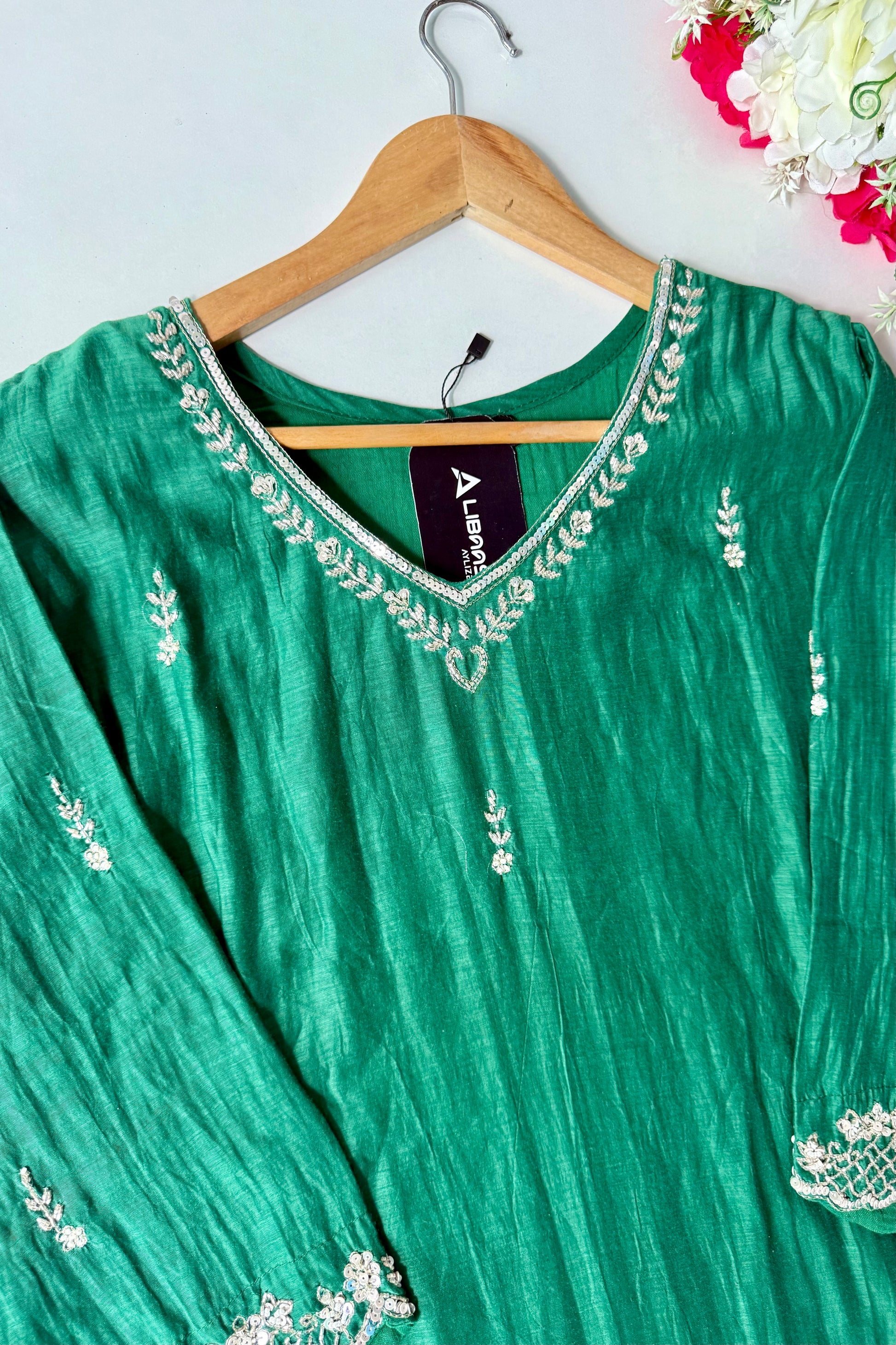 ✨”Eshal - Premium Green Mul Chanderi A-Line Kurta Set