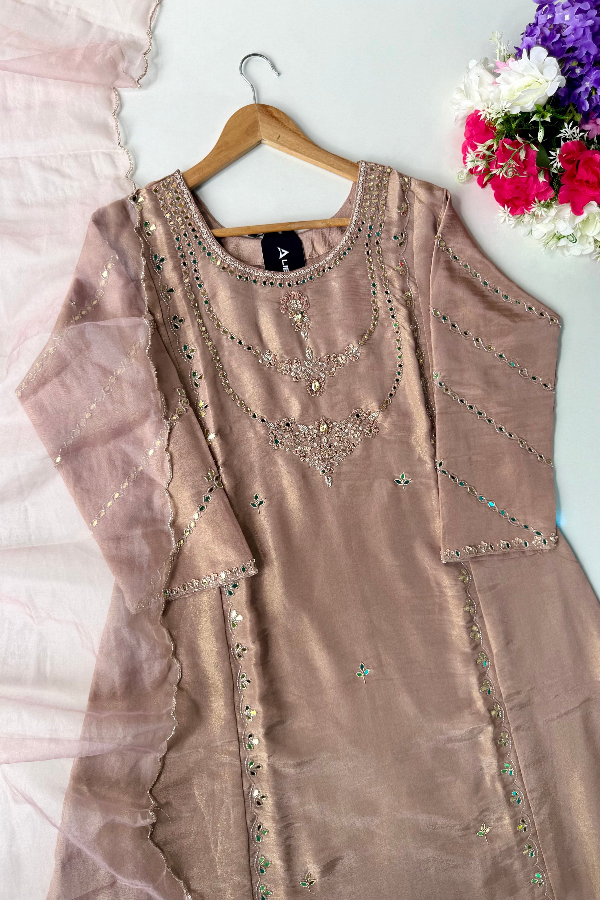 “Ayeza” Premium Tissue Mirror Work A Line Suit set 🛍️