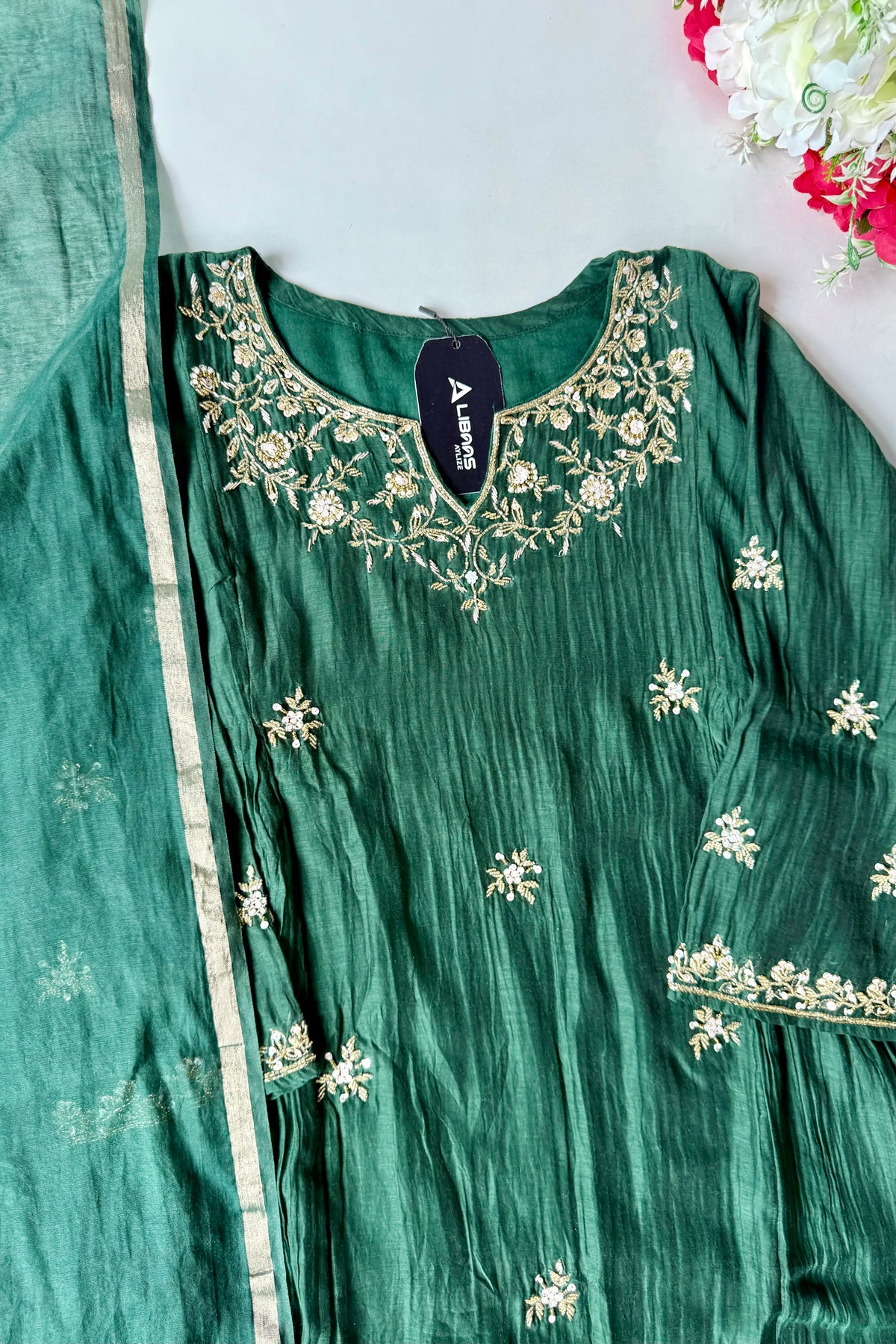 ✨Zoe - Premium Bottle Green Mul Chanderi A Line Kurta Set ✨