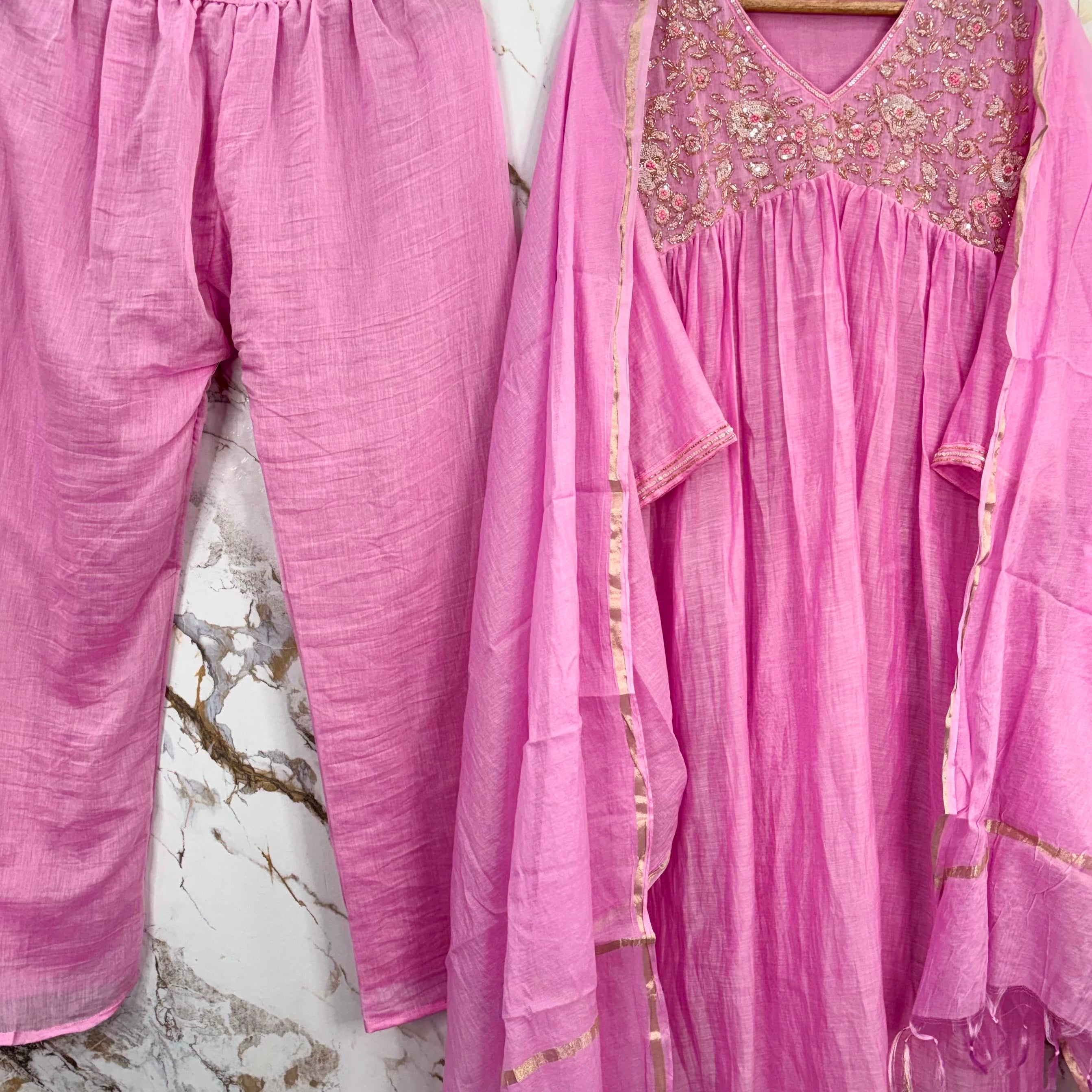 ✨”Mahek- Premium Pink Mul Chanderi A-Line Kurta Set