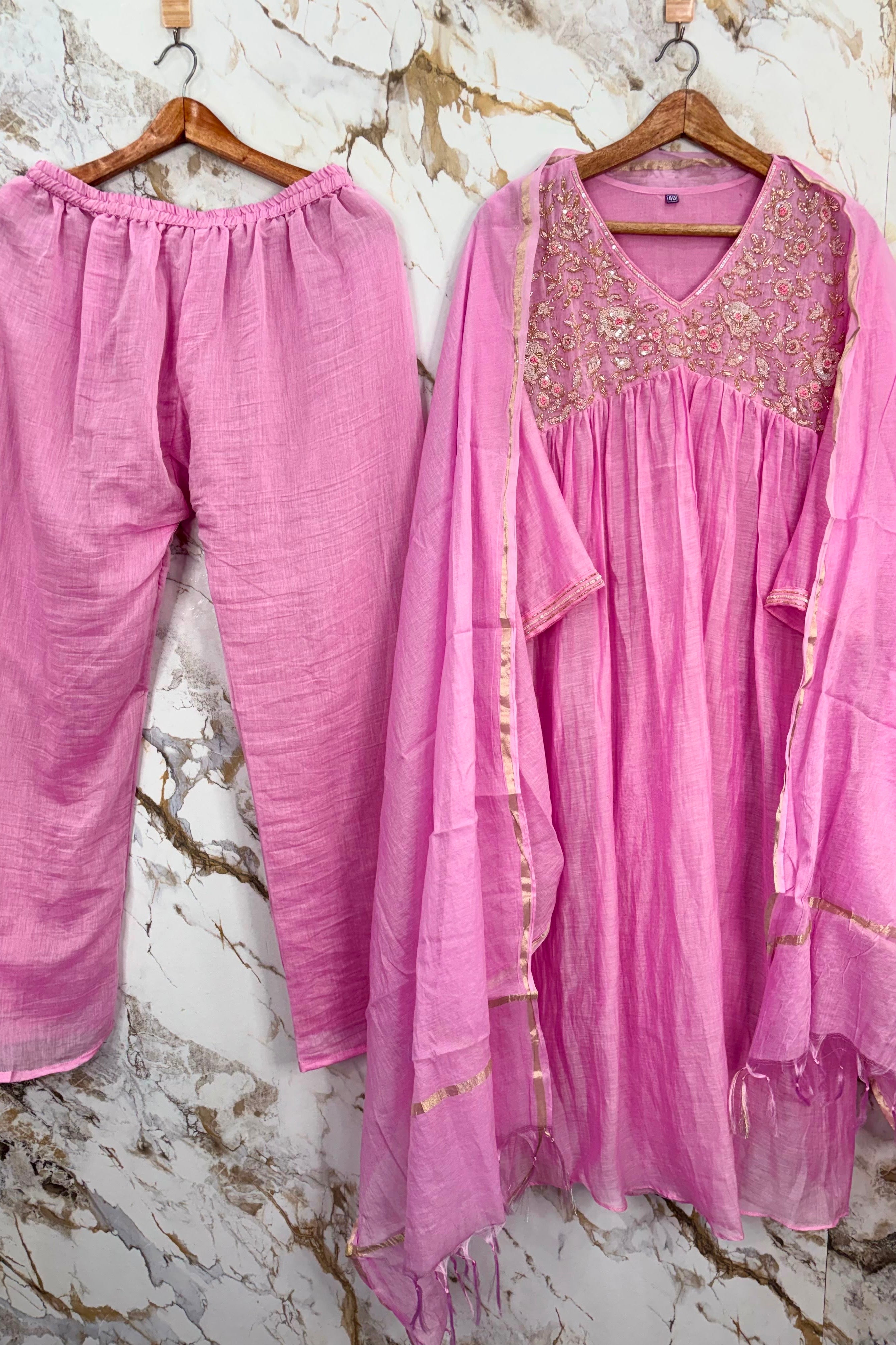 ✨”Mahek- Premium Pink Mul Chanderi A-Line Kurta Set