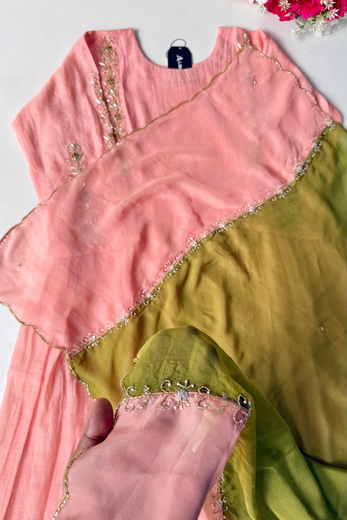 ✨ Princi- Premium Coral Rose Mul Chanderi Anarkali Kurta Set