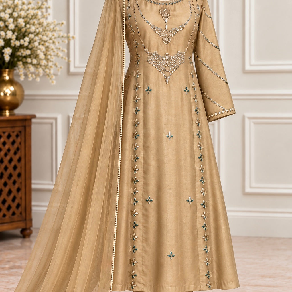 ✨Pearl – Premium Gold Beige  Mirror Work Tissue A Line Kurta Set