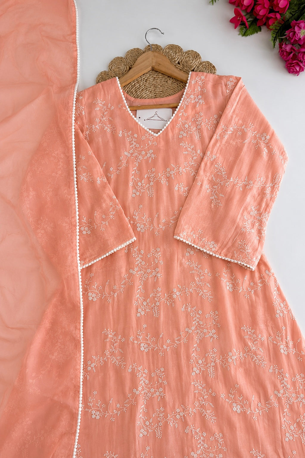 “Elina” Blush Peach Crushed Chanderi A Line Suit set 🛍️