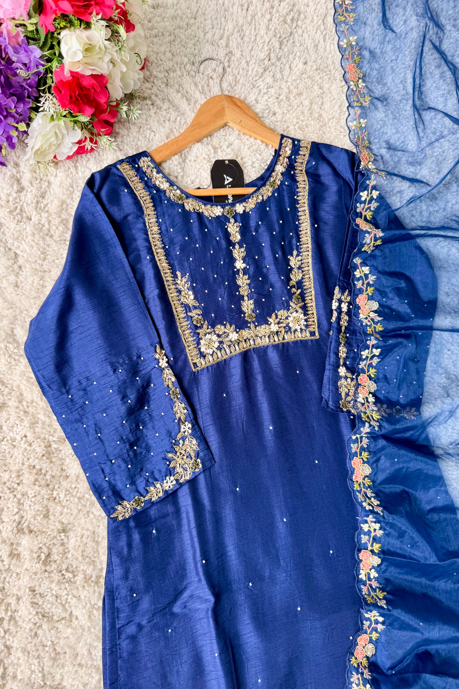 “ALKA” A very beautiful Blue piece with zardozi & zari handwork set