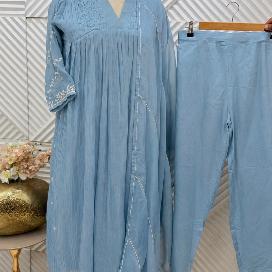 ✨Umang- Premium Blue Mul Chanderi Anarkali Kurta Set