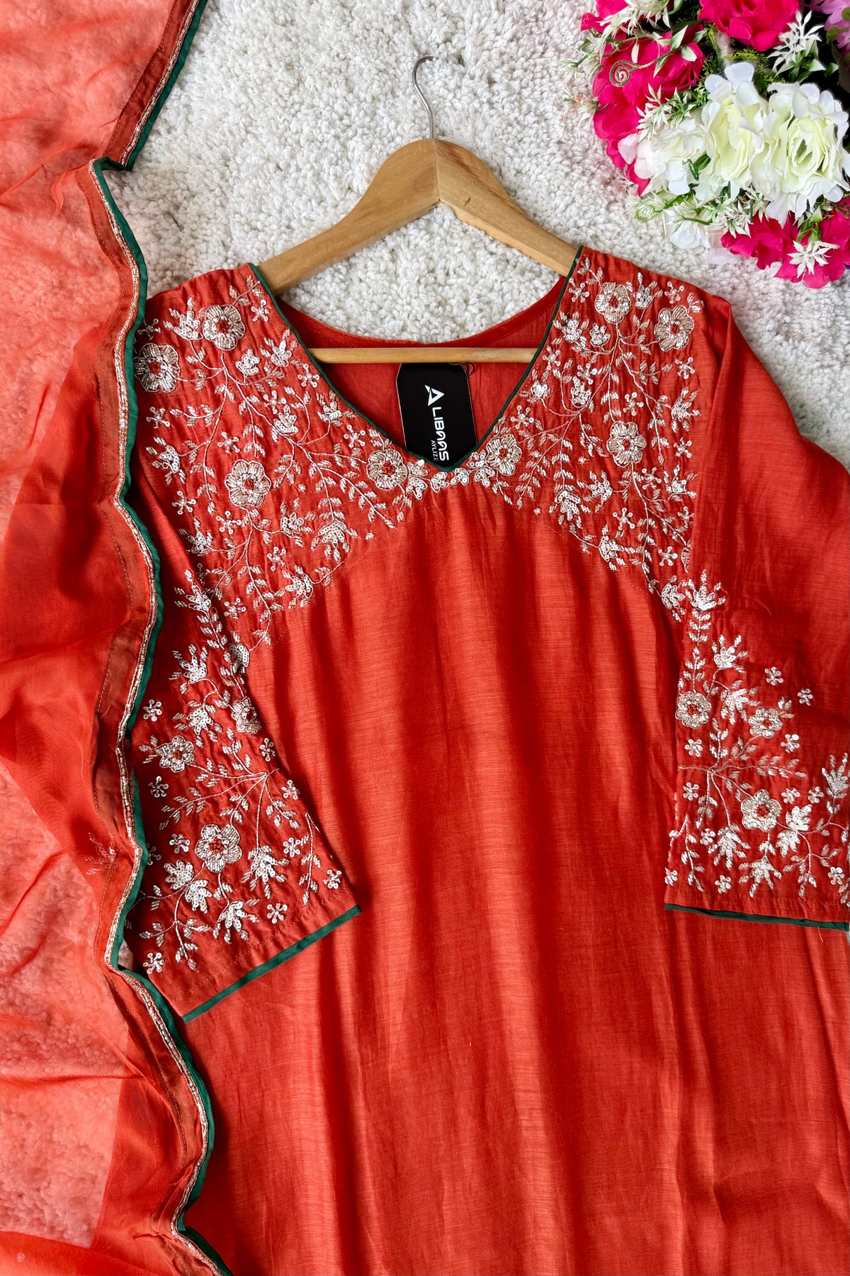 ✨Myra - Premium Orange Mul Chanderi A-Line Anarkali Kurta set
