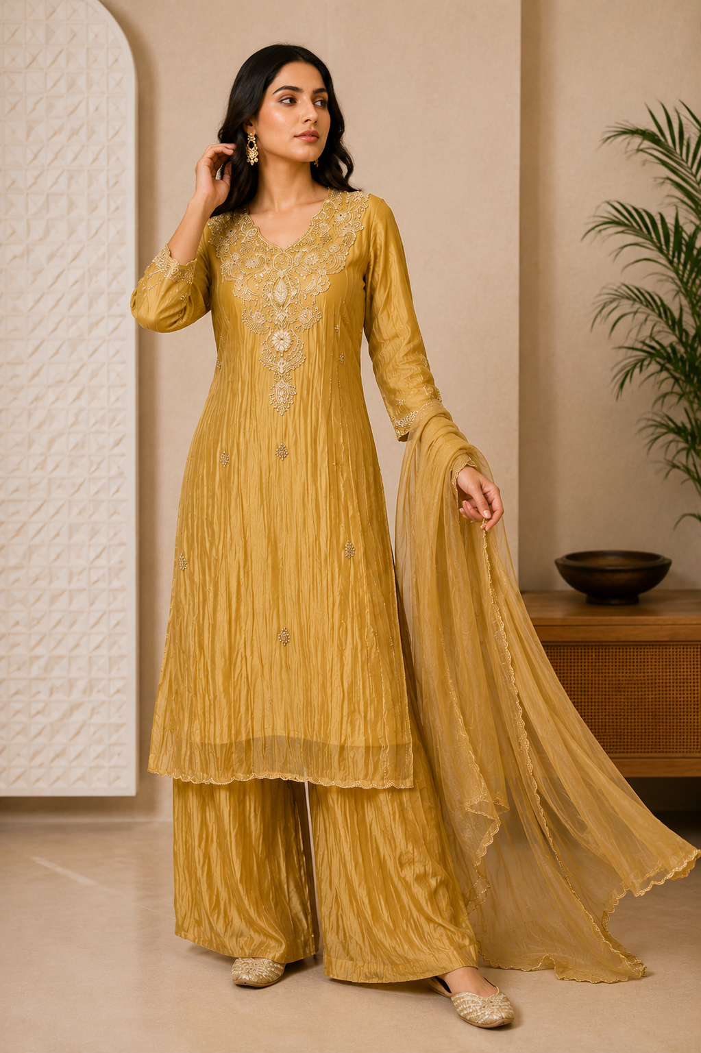 ✨Abeer Gold – Designer Gold Glass Tissue Kurta Set