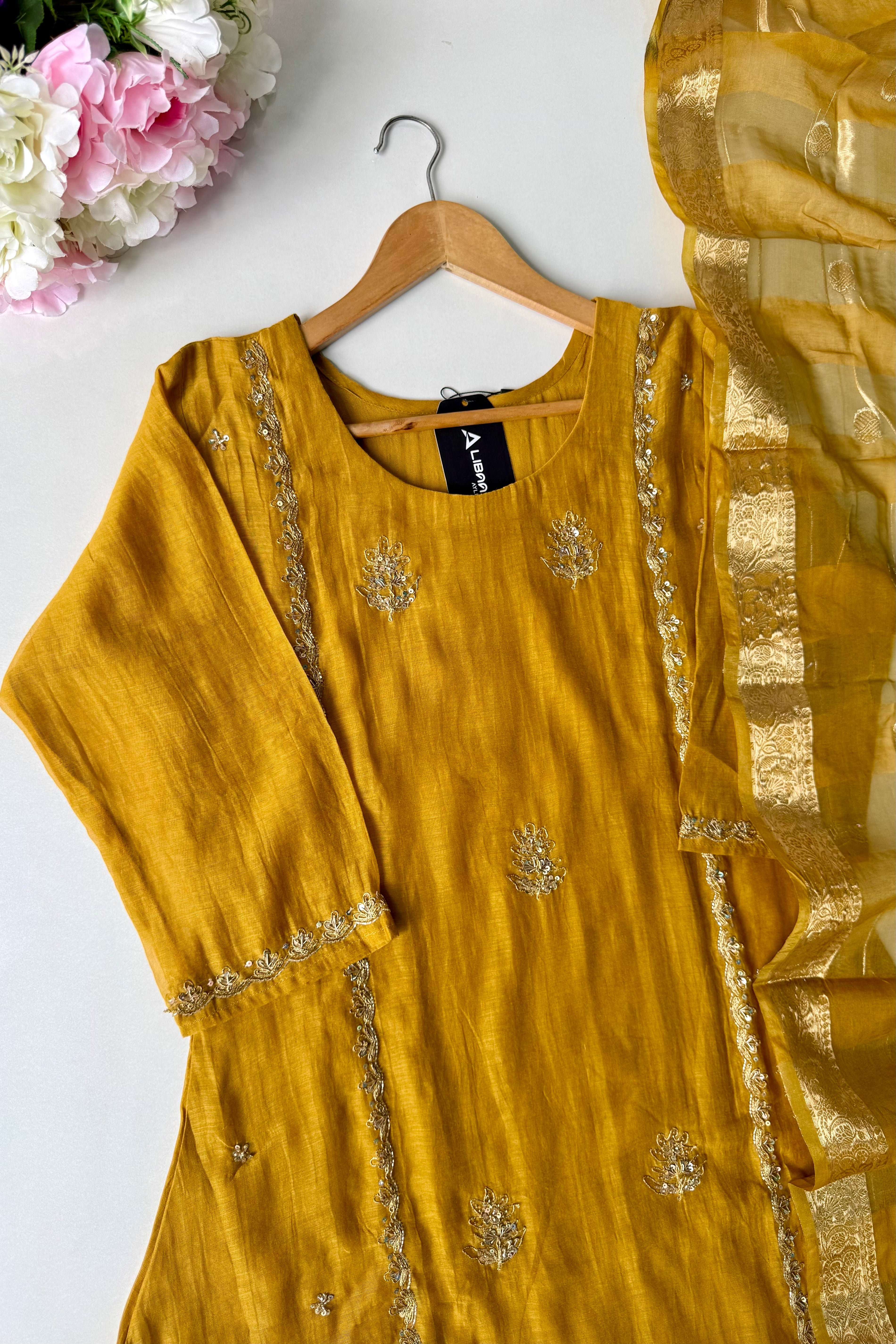 “Ujjwal” Trending yellow Mul Chanderi A Line Kurta set 🛍️