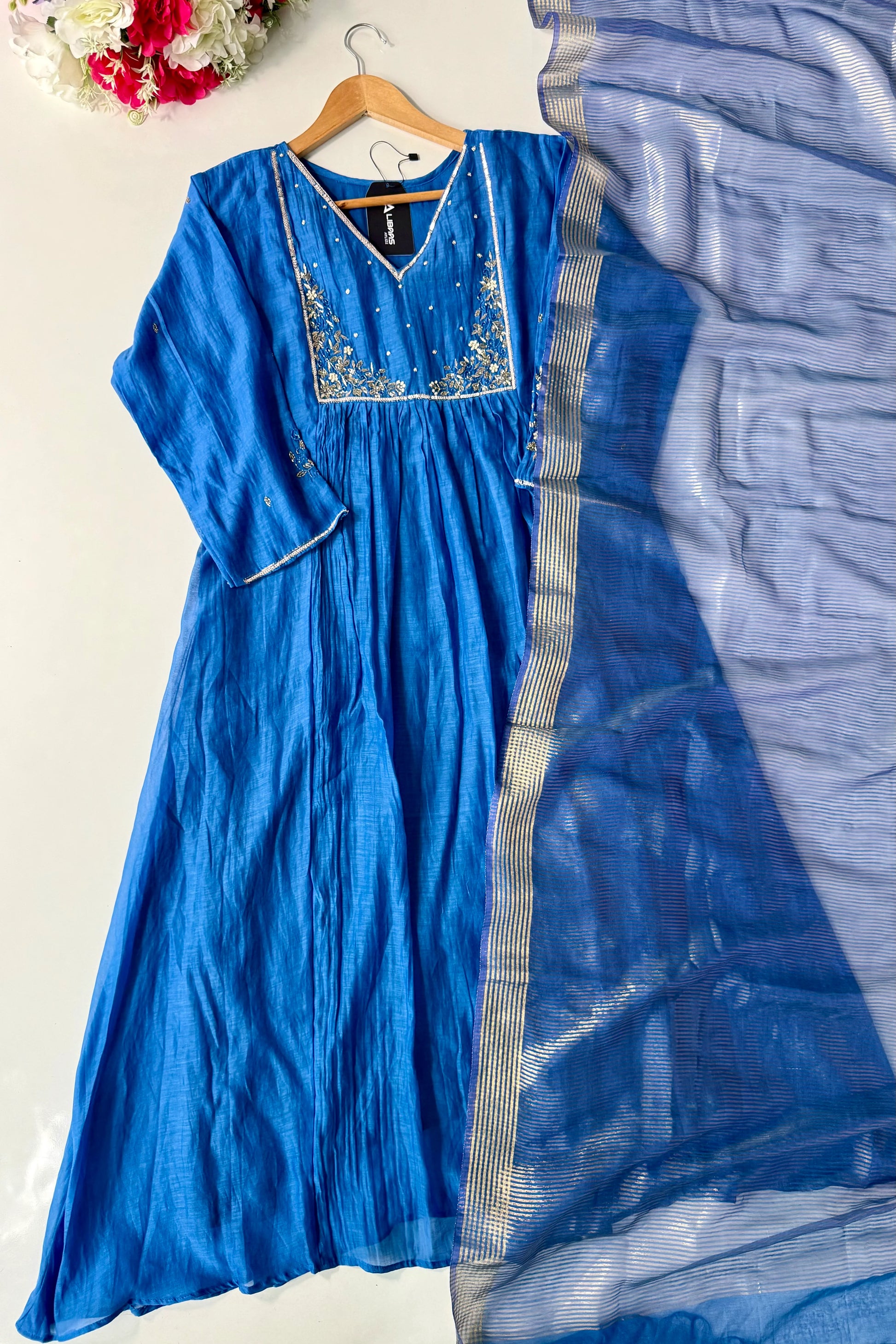 ✨ Gulnoor – Royal Blue Mul Chanderi A-Line Kurta Set with Dupatta