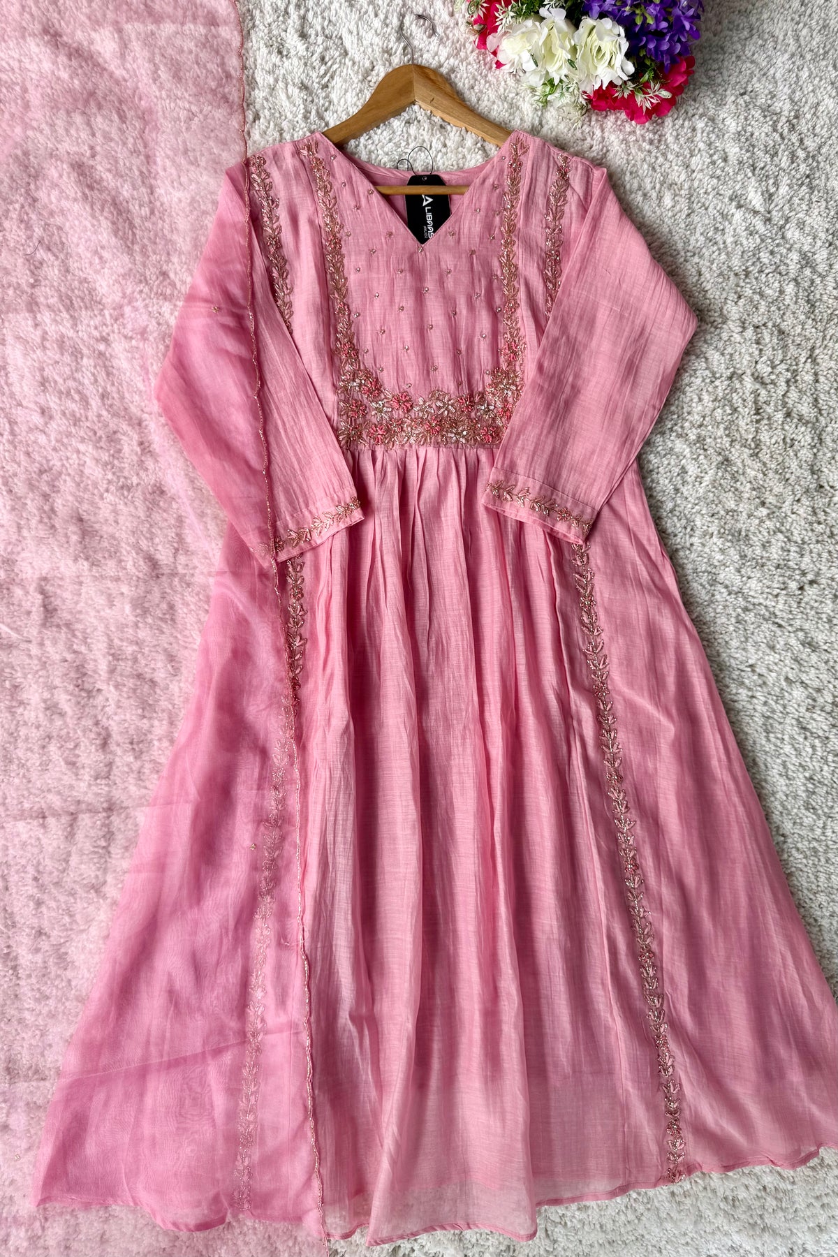 “Ayza” Premium Blush Rose Pink  Mul Chanderi A Line Suit set