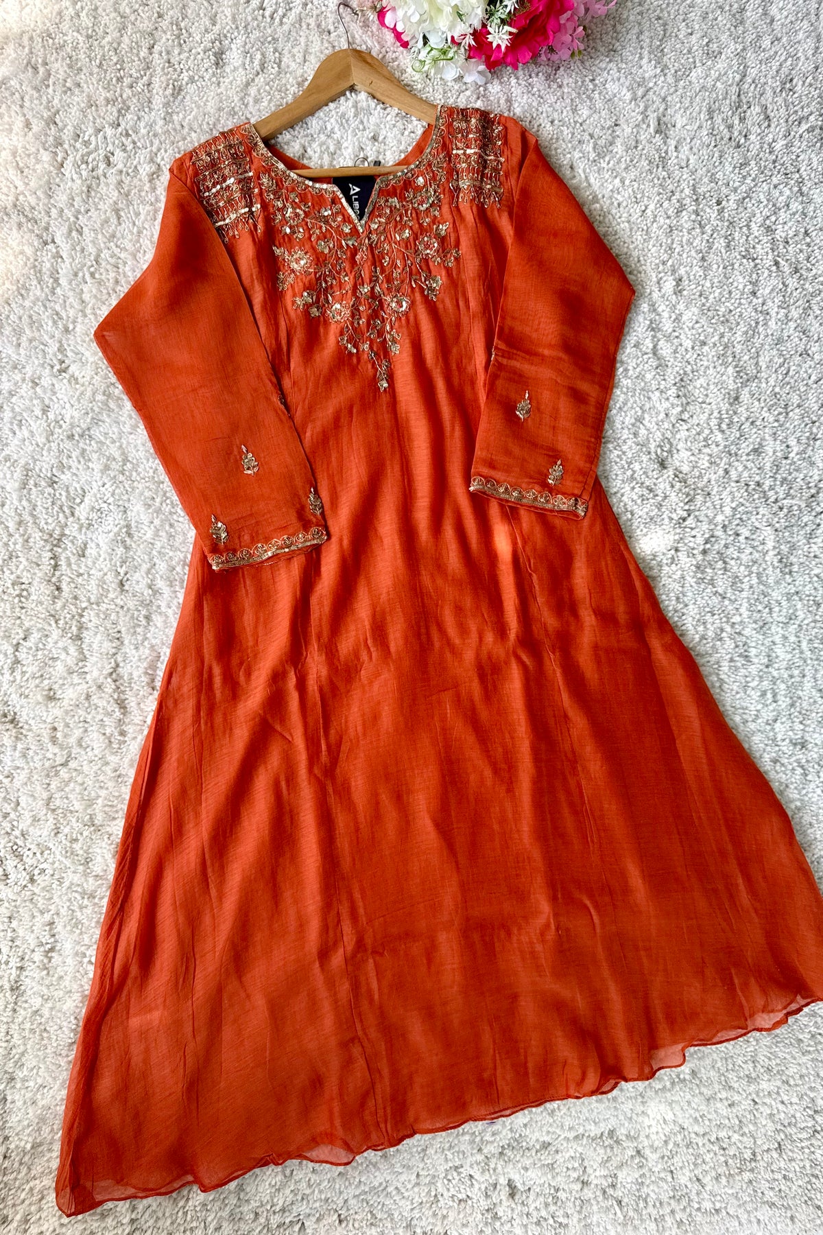 ✨Daisy - Premium Ornage Mul Chanderi A-Line Anarkali Kurta set