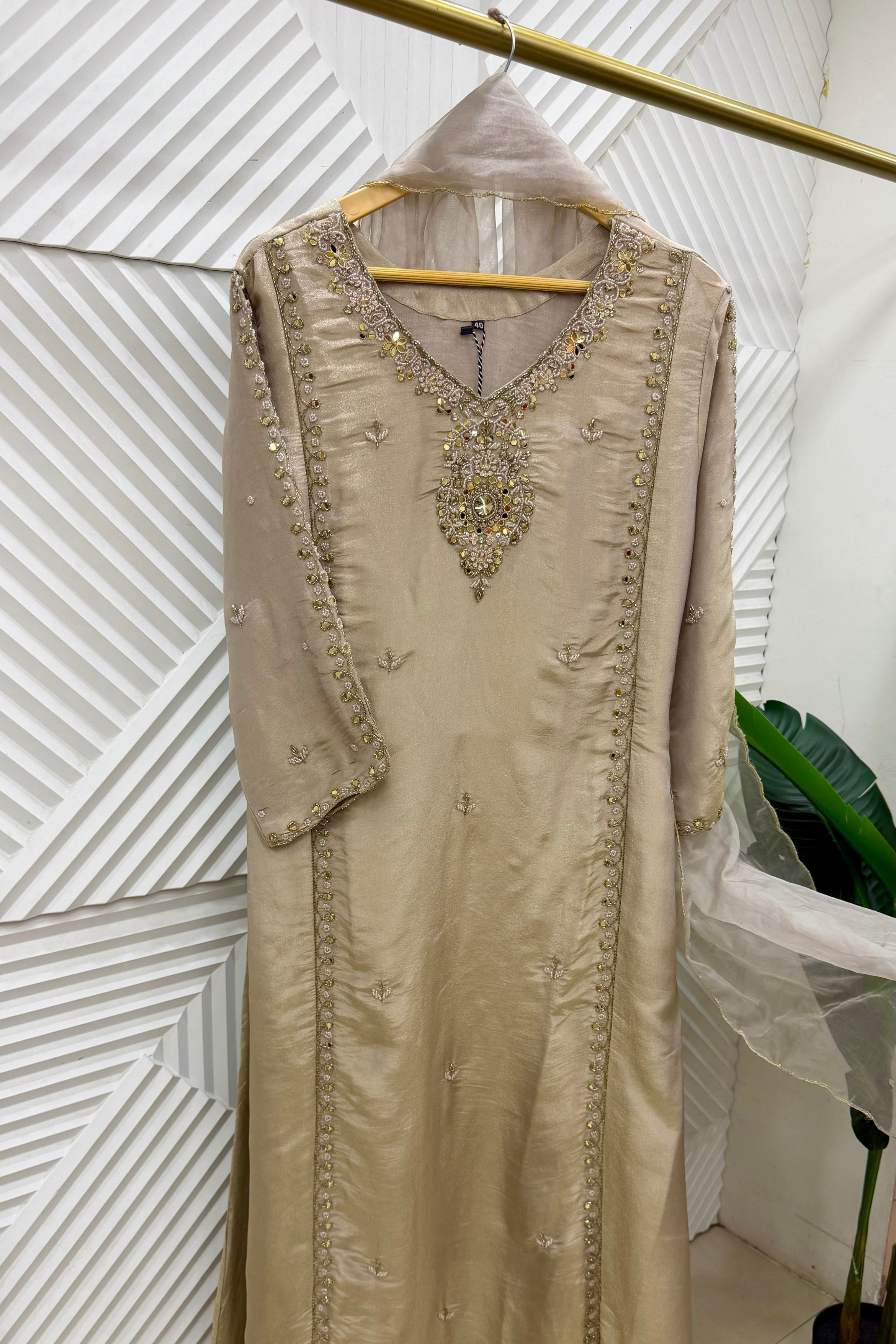 ✨Pearl – Premium Blush Mirror Work Tissue A Line Kurta Sets