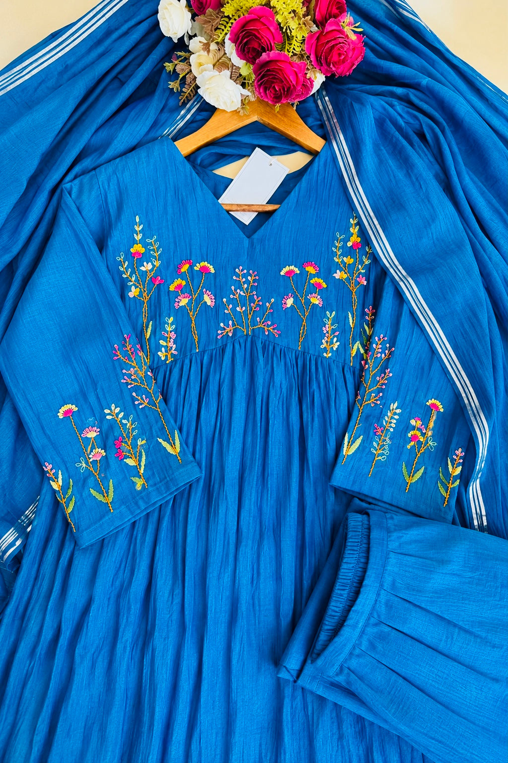 💙AYRA- Blue Mul Chanderi Thread Work Anarkali Kurta Set
