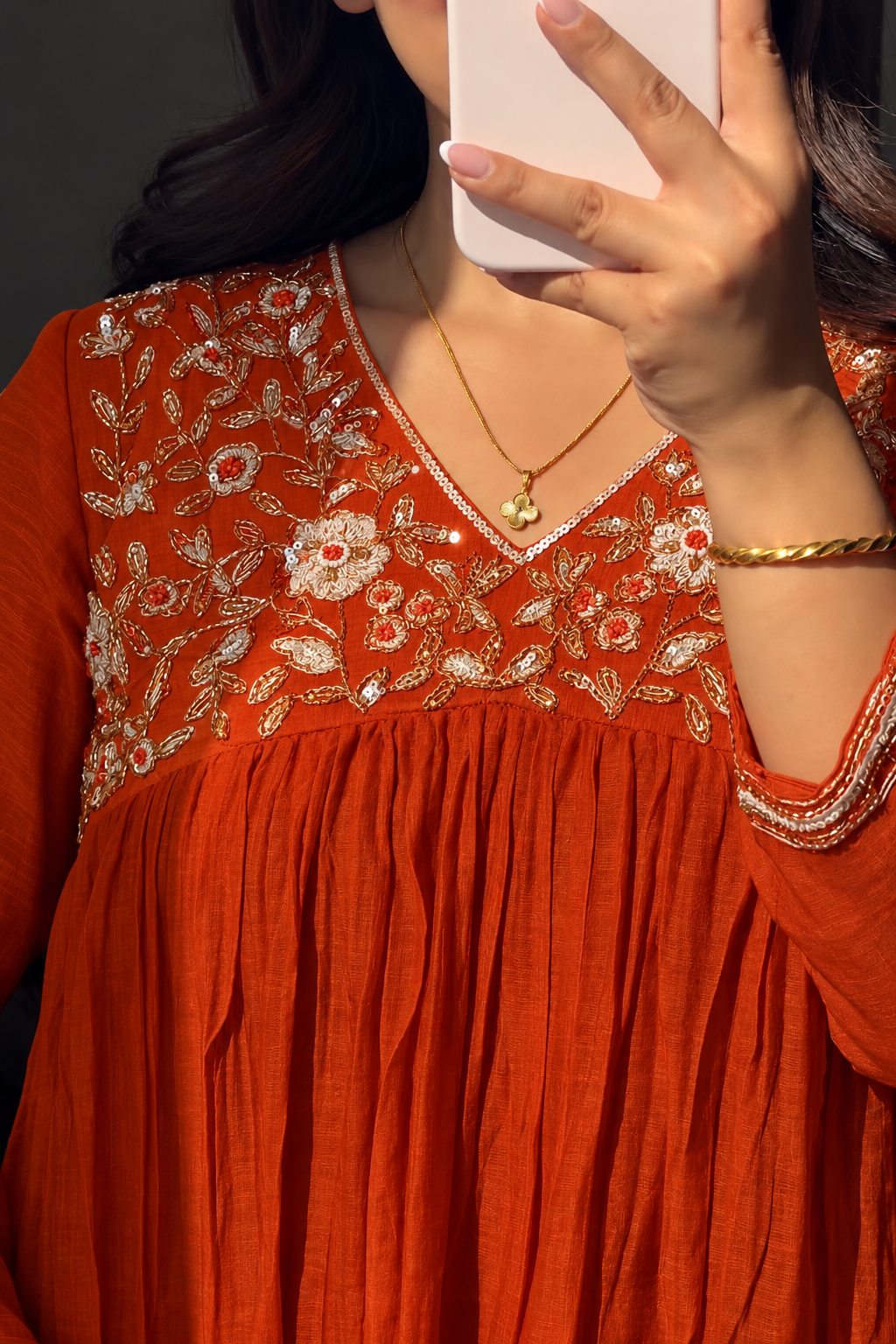 ✨”Mahek-Rust Orange Mul Chanderi A-Line Kurta Set✨