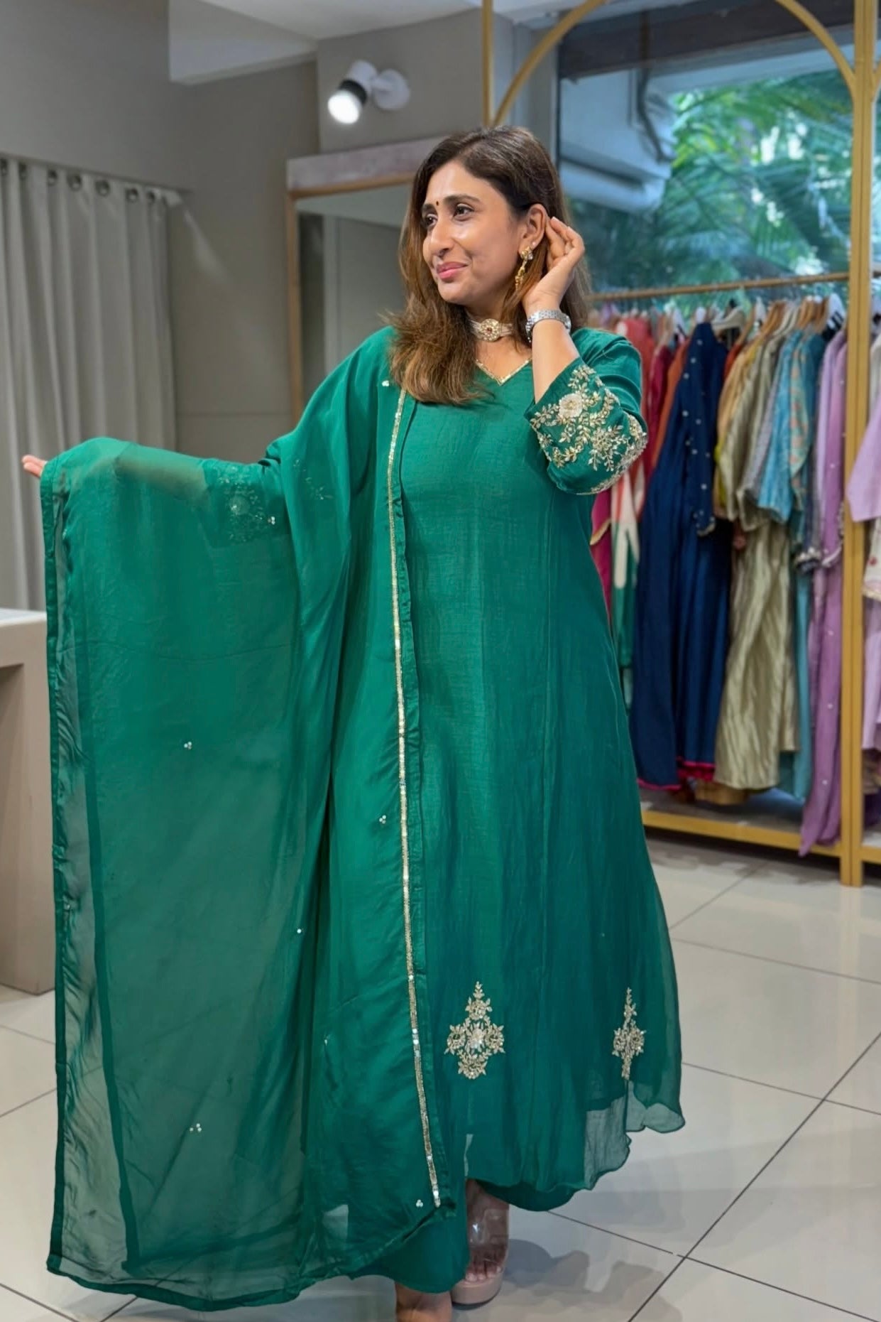 ✨”Amaya - Premium Green Mul Chanderi A-Line Kurta Set