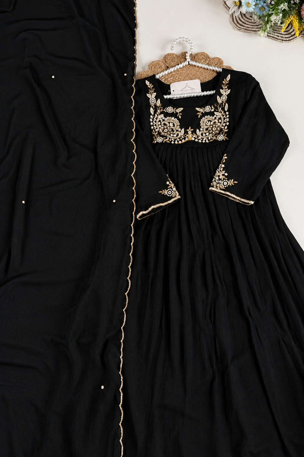“Saanvi” Black Chinon Anarkali Kurti Pant With Dupatta Sets