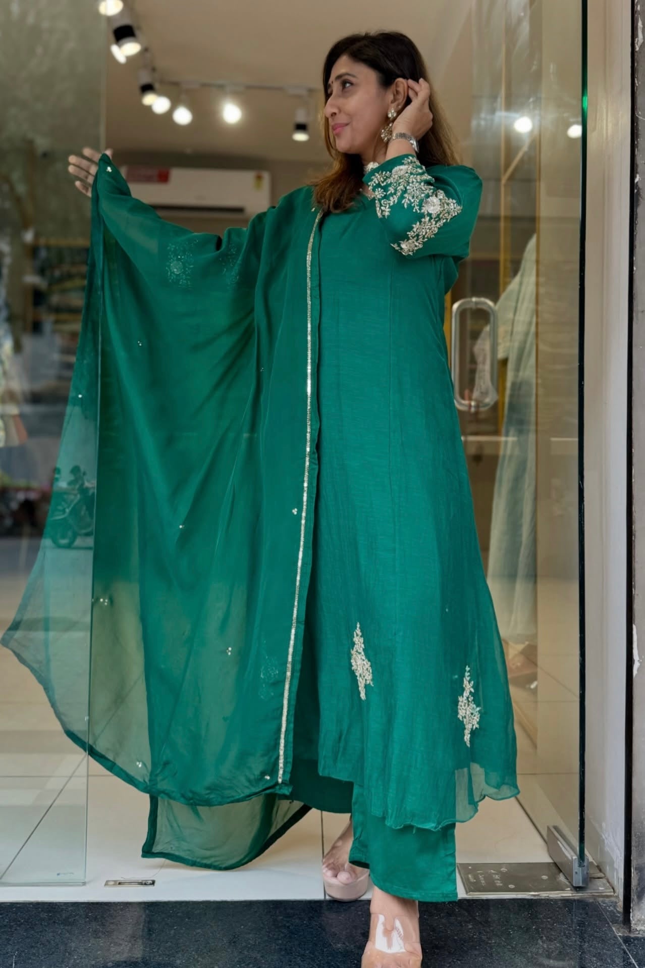 ✨”Amaya - Premium Green Mul Chanderi A-Line Kurta Set