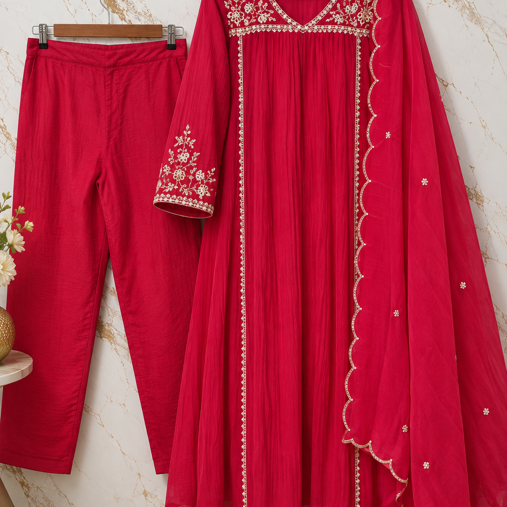 Roz- Premium Red Mul Chanderi A Line Kurta Set ✨