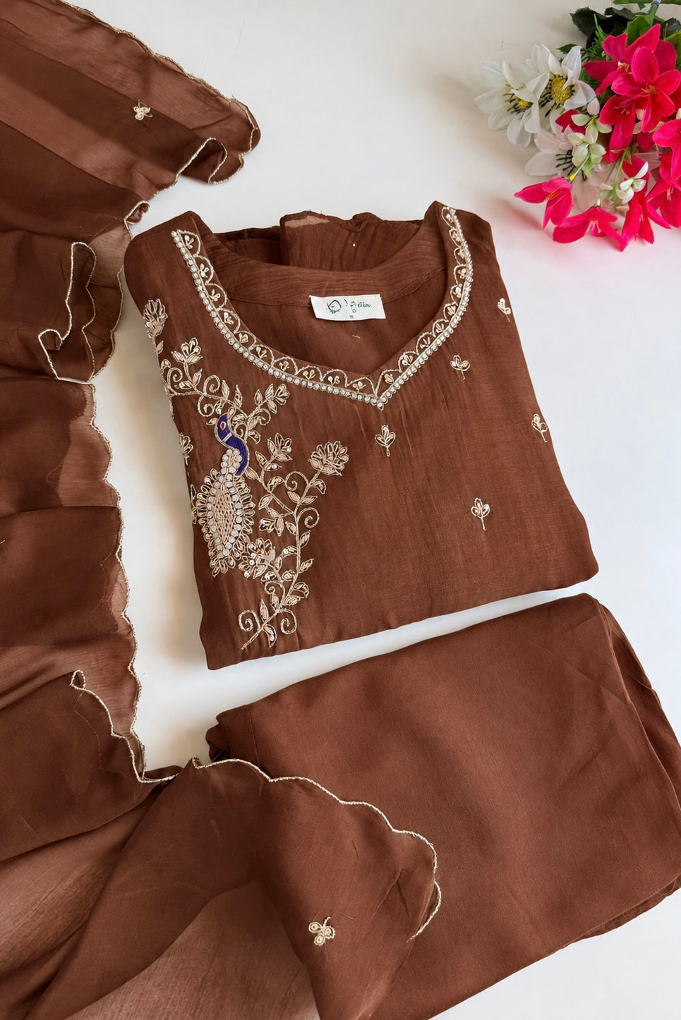 ✨Nora - Premium Chocolate Brown Mul Chanderi A Line Kurta Set ✨