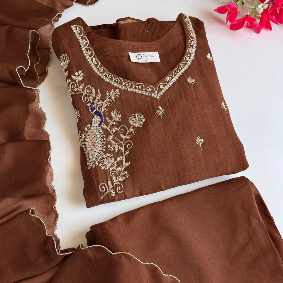 ✨Nora - Premium Chocolate Brown Mul Chanderi A Line Kurta Set ✨