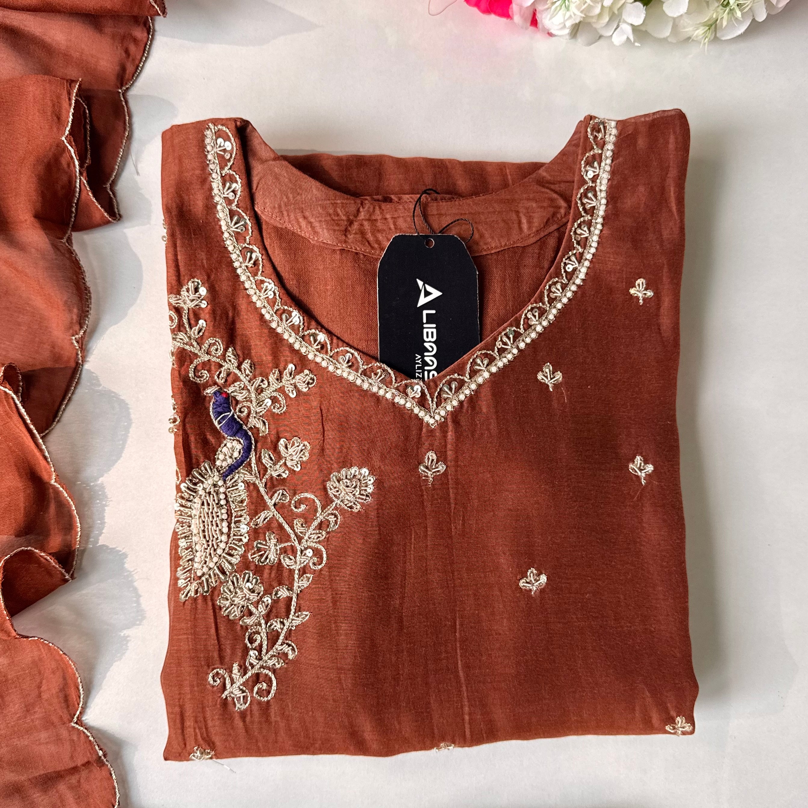 ✨”Nora - Premium Chocolate Brown Mul Chanderi A Line Kurta Set