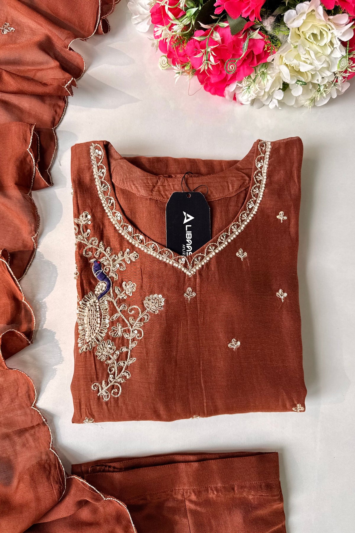 ✨”Nora - Premium Chocolate Brown Mul Chanderi A Line Kurta Set