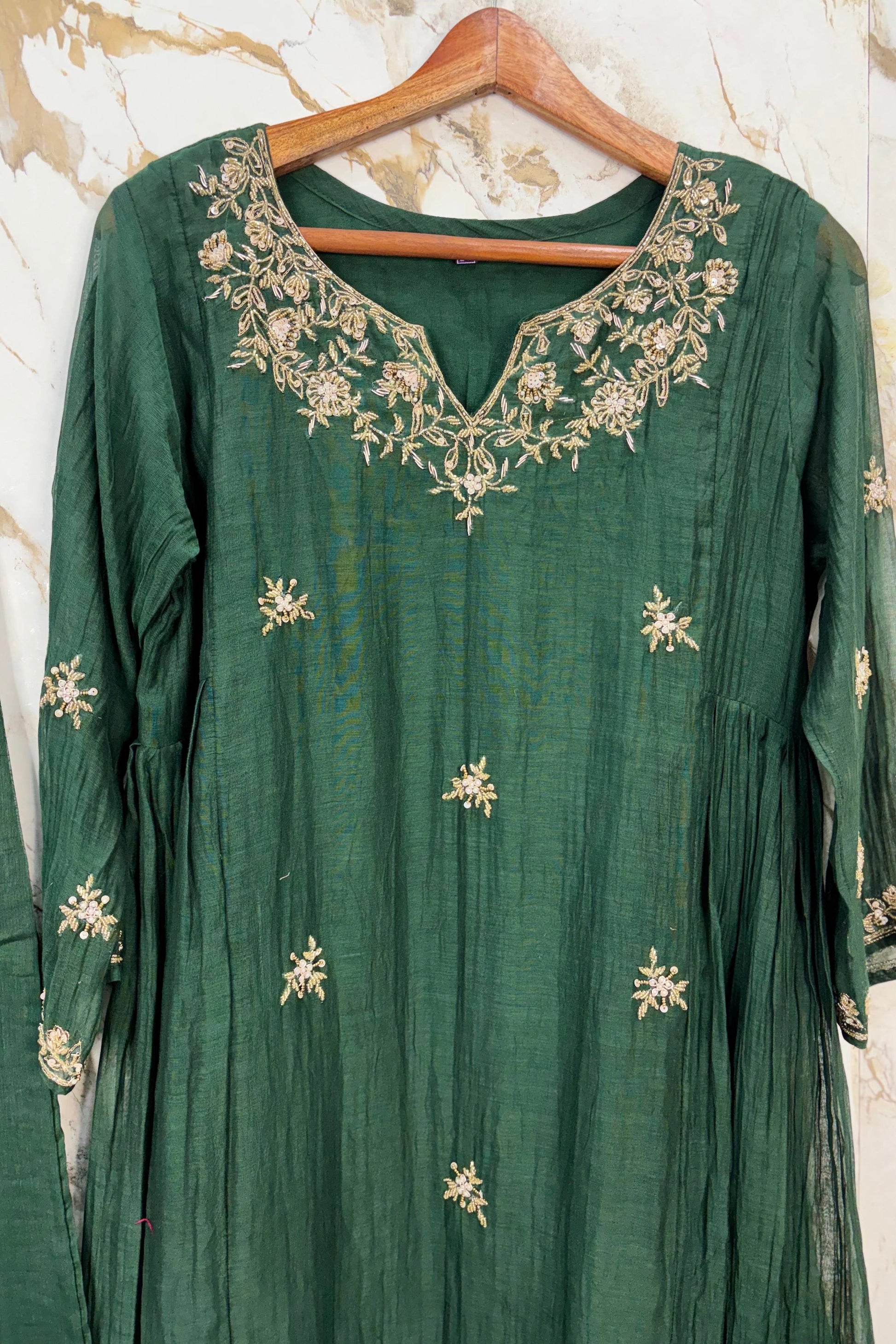 ✨Zoe - Premium Bottle Green Mul Chanderi A Line Kurta Set ✨