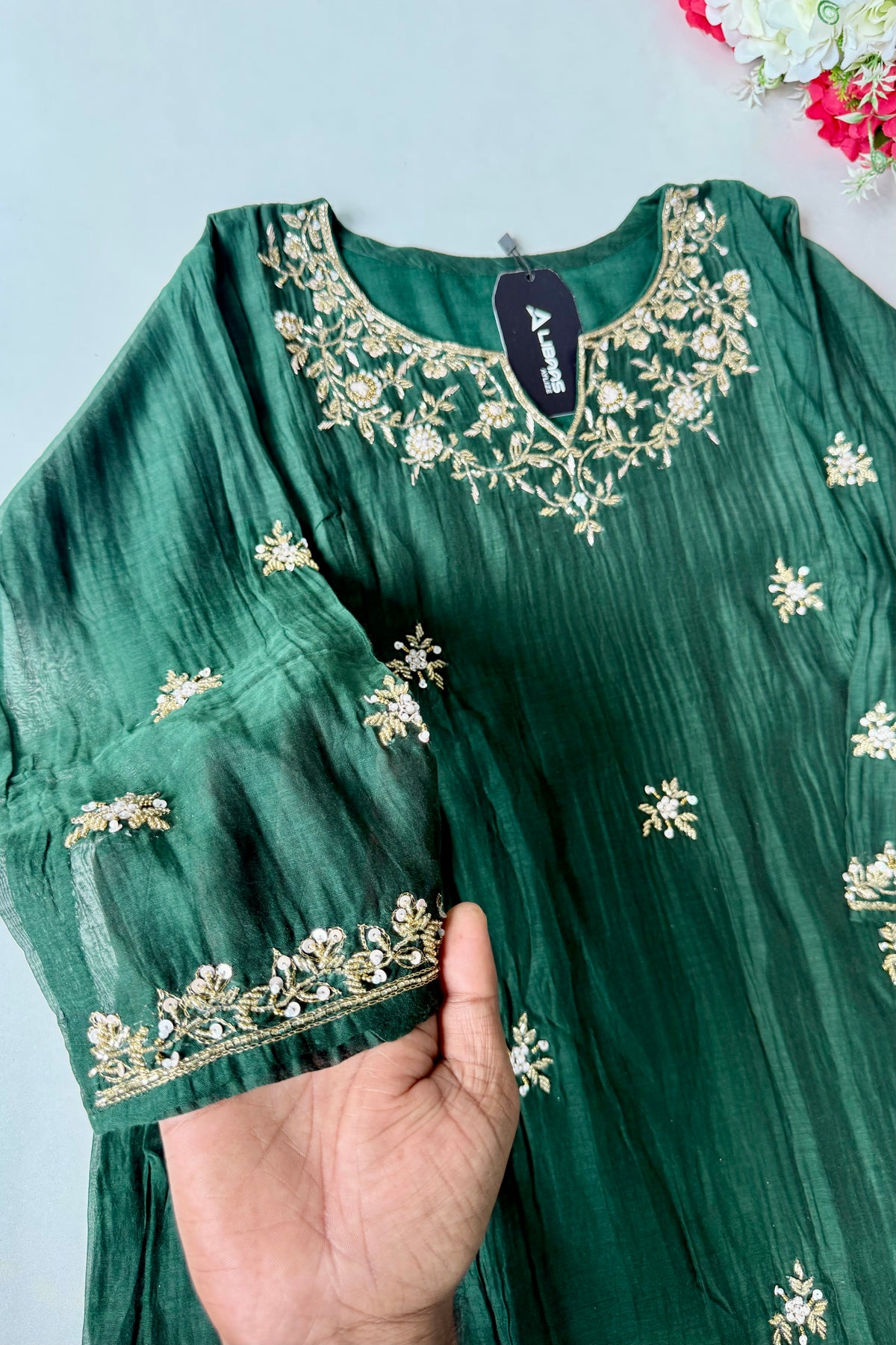 ✨Zoe - Premium Bottle Green Mul Chanderi A Line Kurta Set ✨