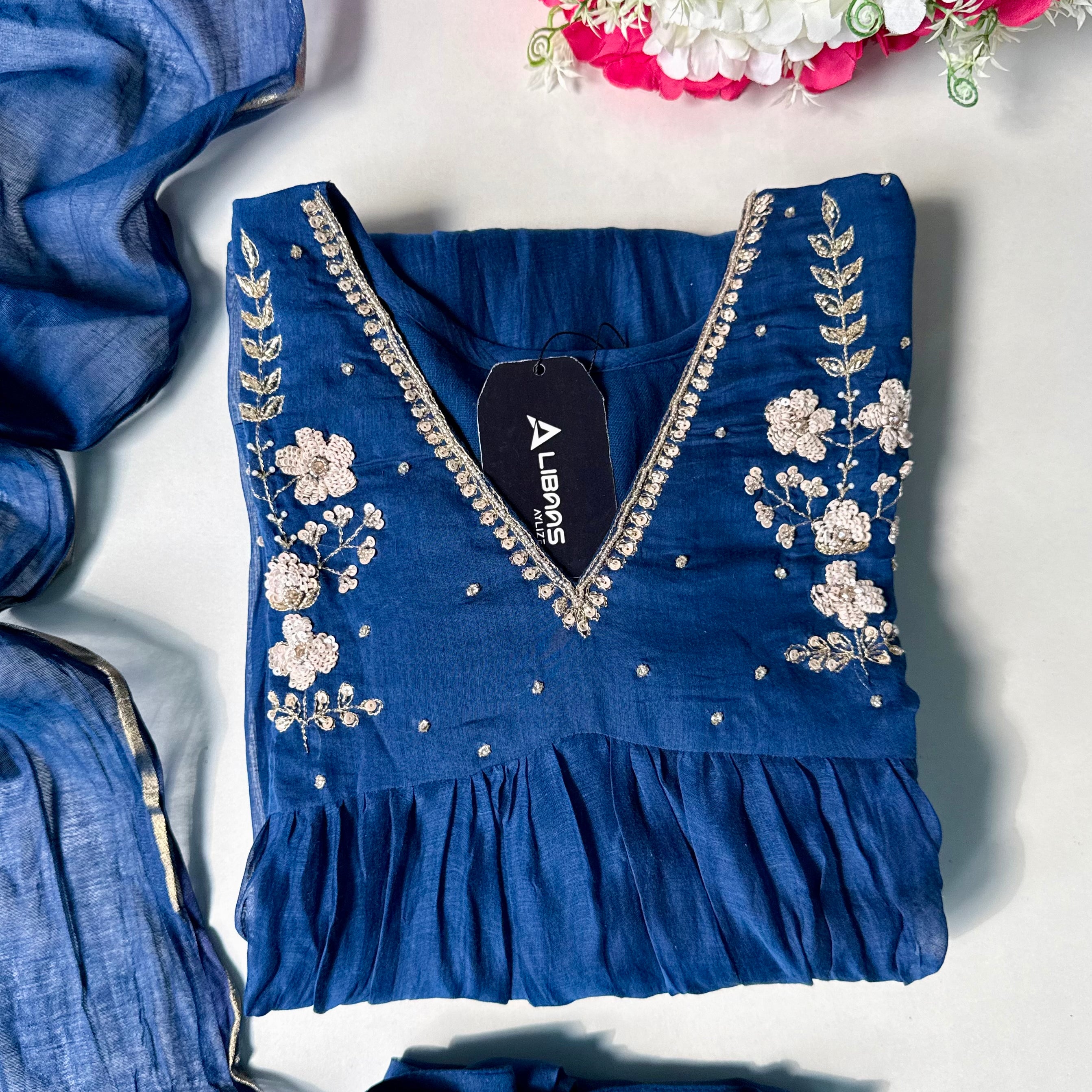 🛍️”Melody –  Premium Blue Banarsi Mul Chanderi Anarkali Suit
