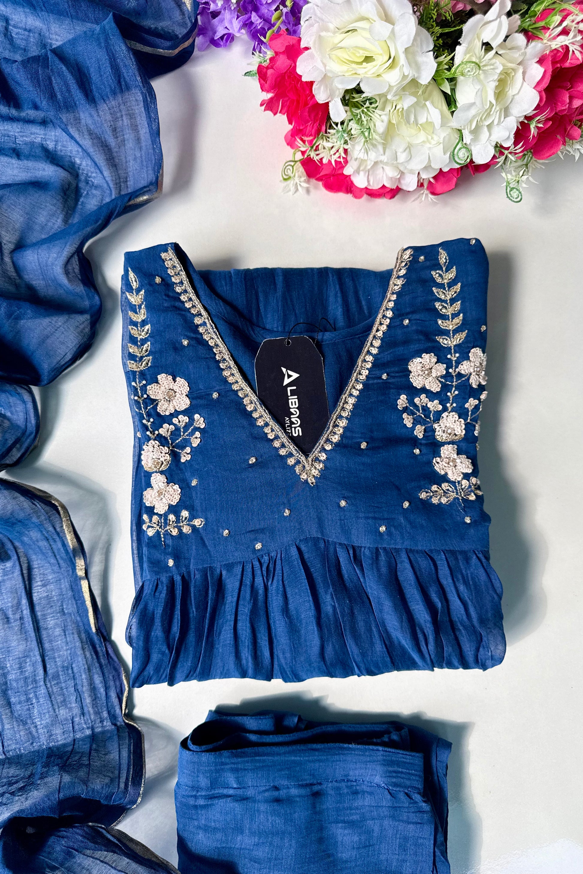 🛍️”Melody –  Premium Blue Banarsi Mul Chanderi Anarkali Suit