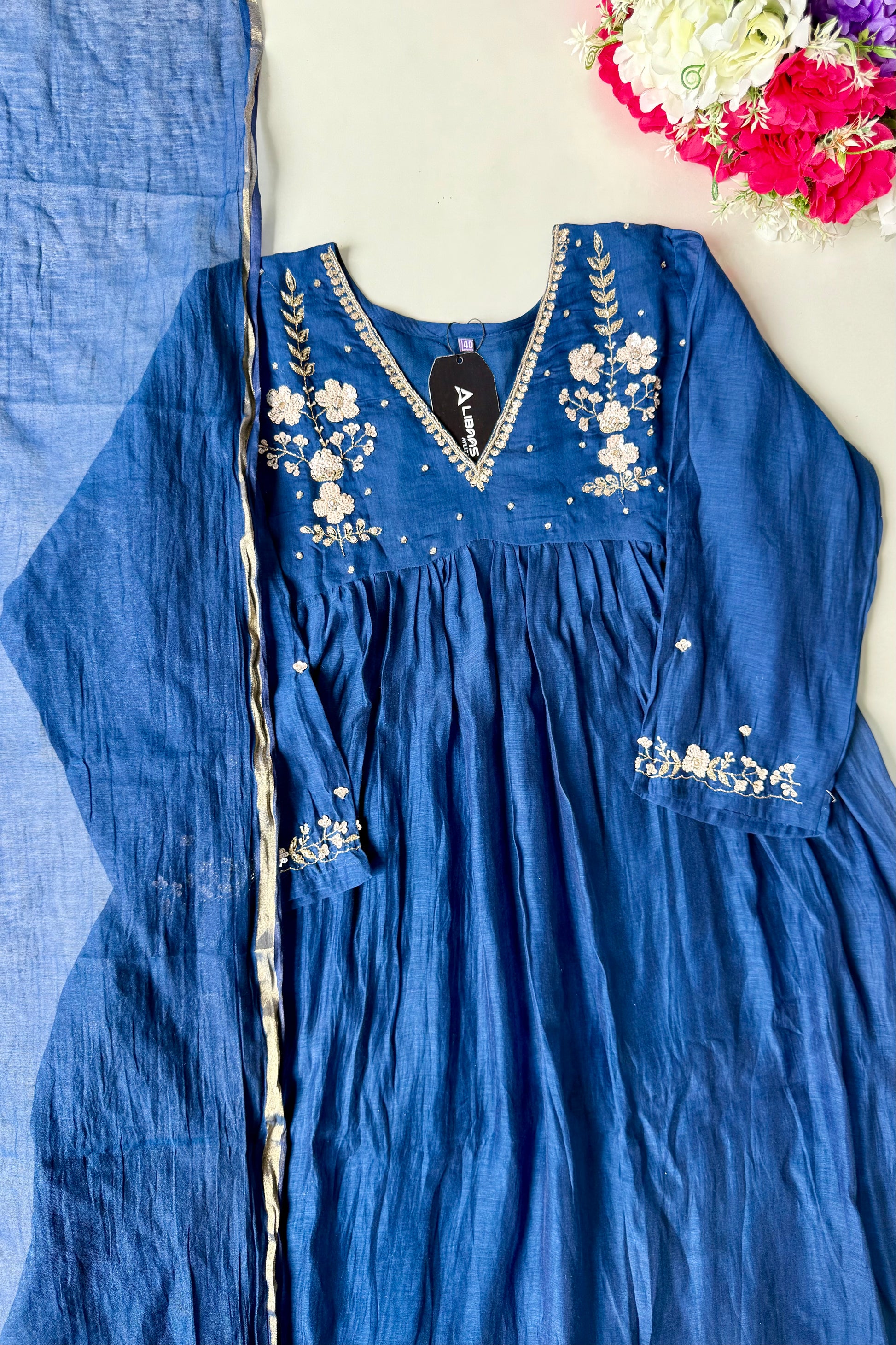 🛍️”Melody –  Premium Blue Banarsi Mul Chanderi Anarkali Suit