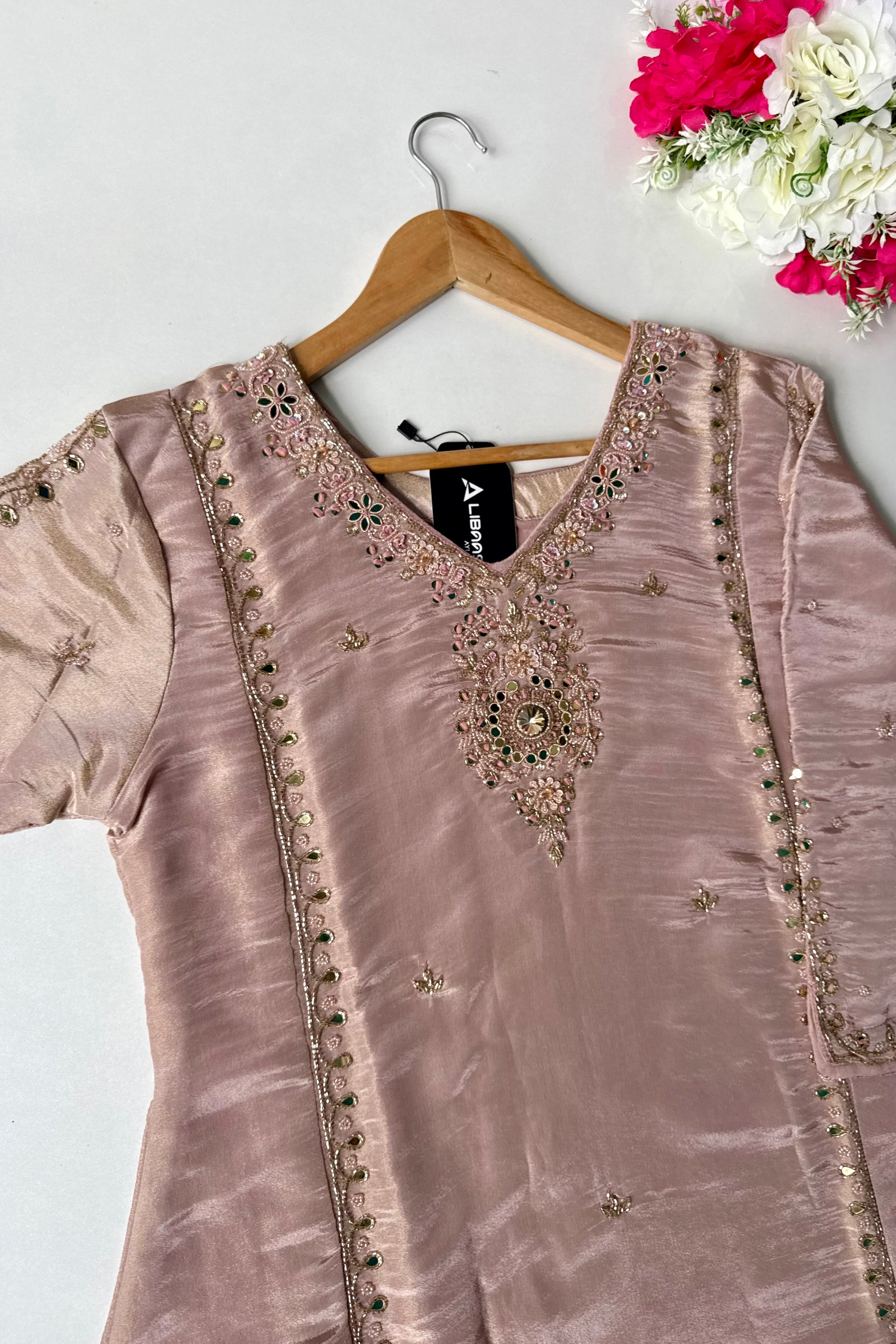 ✨Pearl – Premium Blush Mirror Work Tissue A Line Kurta Set