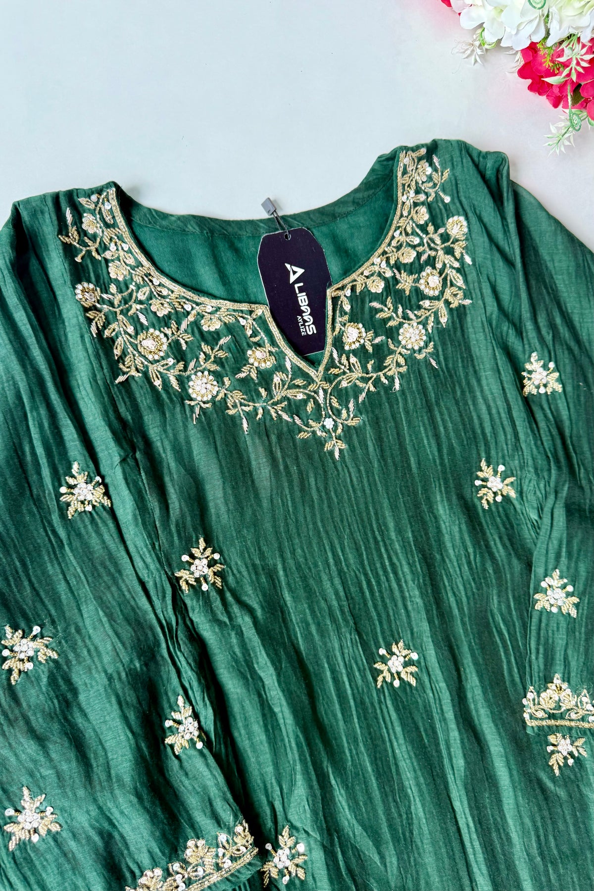 ✨Zoe - Premium Bottle Green Mul Chanderi A Line Kurta Set ✨