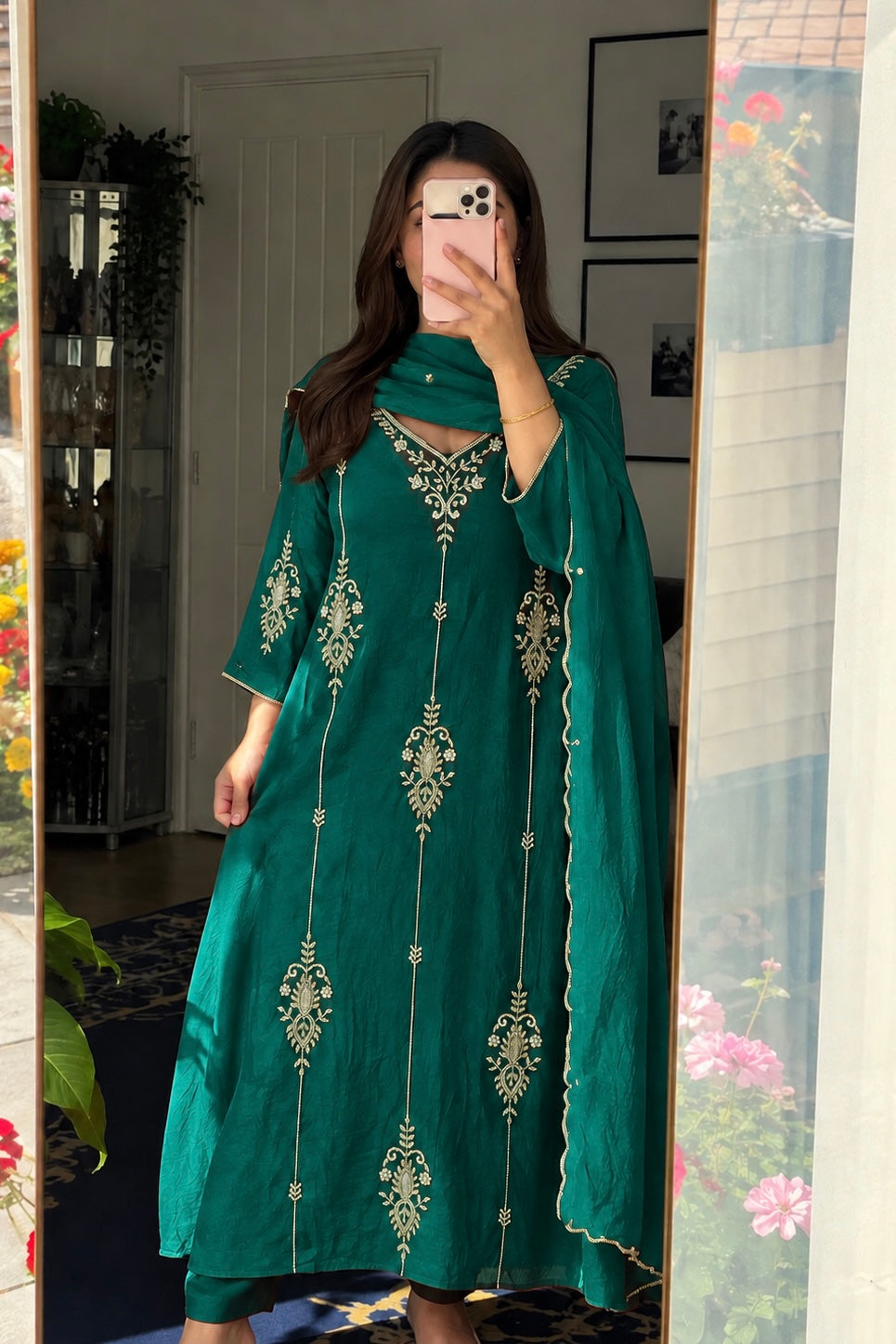 ✨Rida - Diwali Special Green  Mul Chanderi A-Line Kurta Set