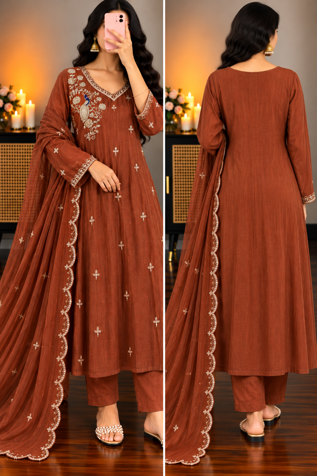 ✨Norah- Premium Chocolate Brown Mul Chanderi A Line Kurta Set ✨