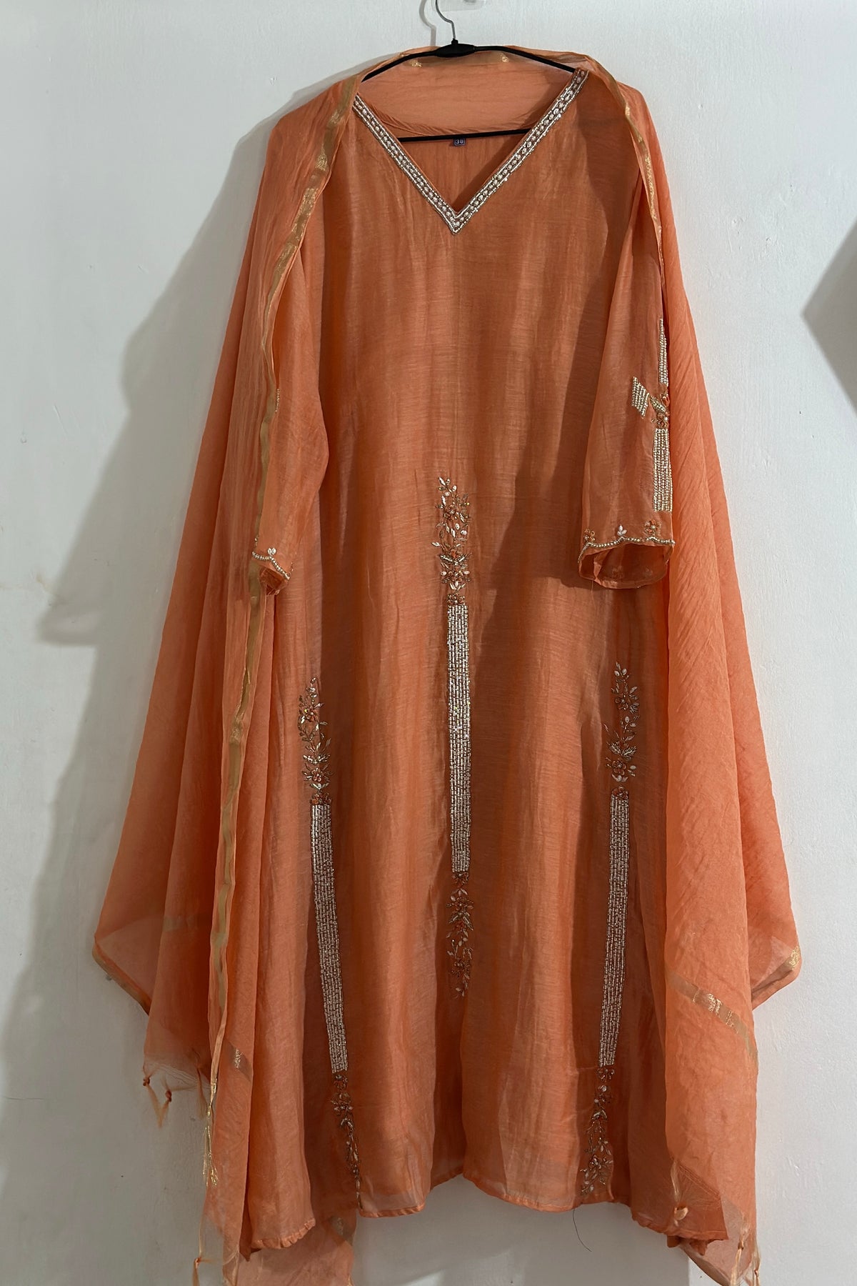 ✨ Mishka- Premium Coral Peach Mul Chanderi A Line Kurta Set